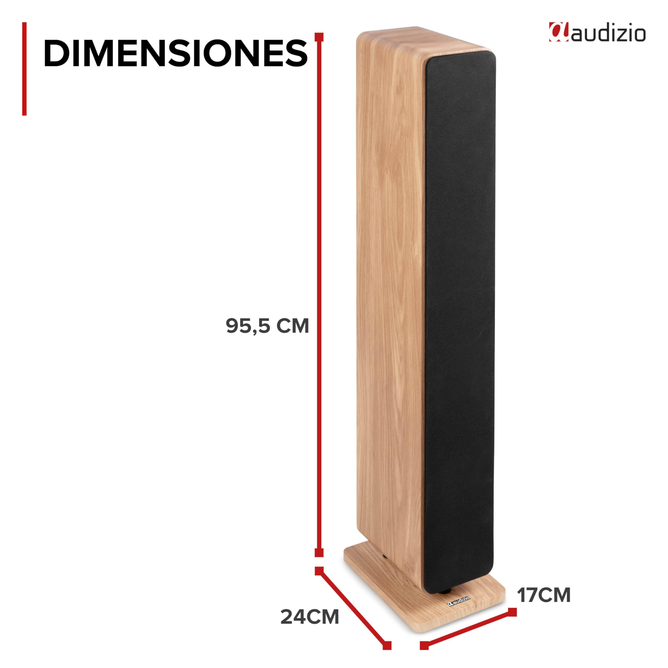Audizio Arco – Pack de 2 Unidades – Altavoz de Torre pasivo HiFi de 160W, 3 woofers de 4" + Tweeter 1", Frontal extraíble, Ideal Alta fidelidad, Home Cinema y Tocadiscos, con Acabado en Madera Clara