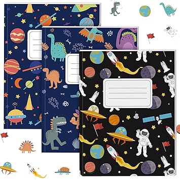 Affrolling 3 Pcs Cute Composition Notebook for Kids Boys Wide Ruled Composition Notebooks Dinosaur Space Exercise Books for Back to School Student Gift Teen Girls, 100 Pages 200 Sheets 9.75 x 7.5