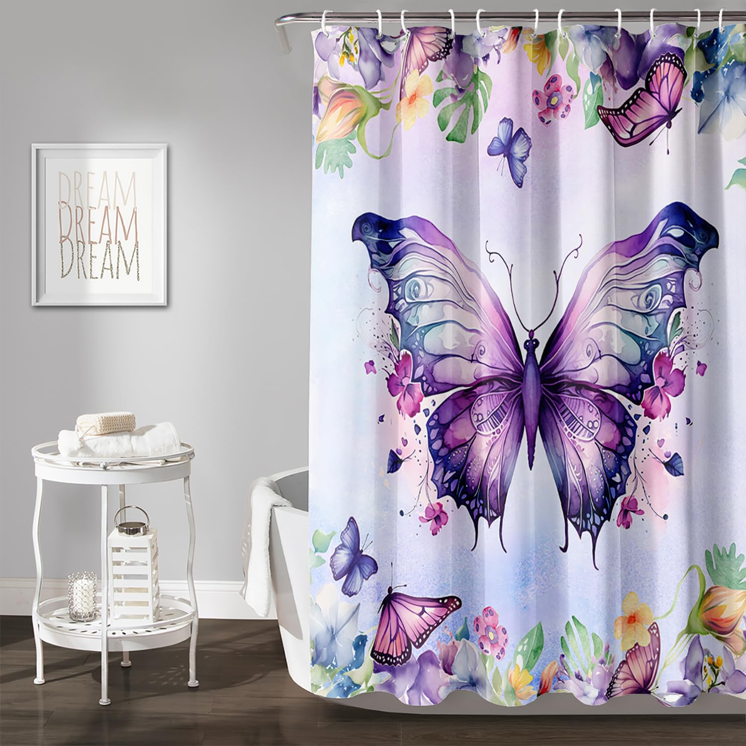 AILONEN Butterfly Shower Curtain for Bathroom, Purple Butterfly Bath Curtain Decor,Modern Printed Waterproof Shower Curtain with 12 Plastic Hooks (Kids/Girls/Women/Teen/) 72