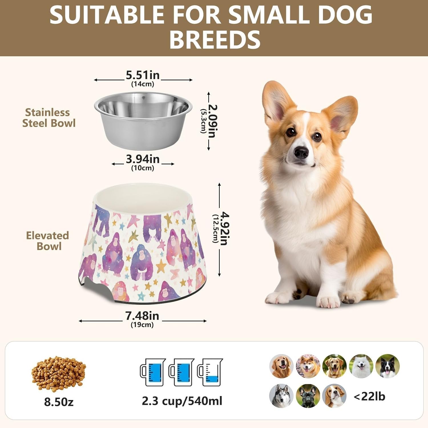 Watercolor Gorilla Pets Food Bowls with Stand Stainless Steel Cats Food Dish for Loving Pet Slow Down Eating