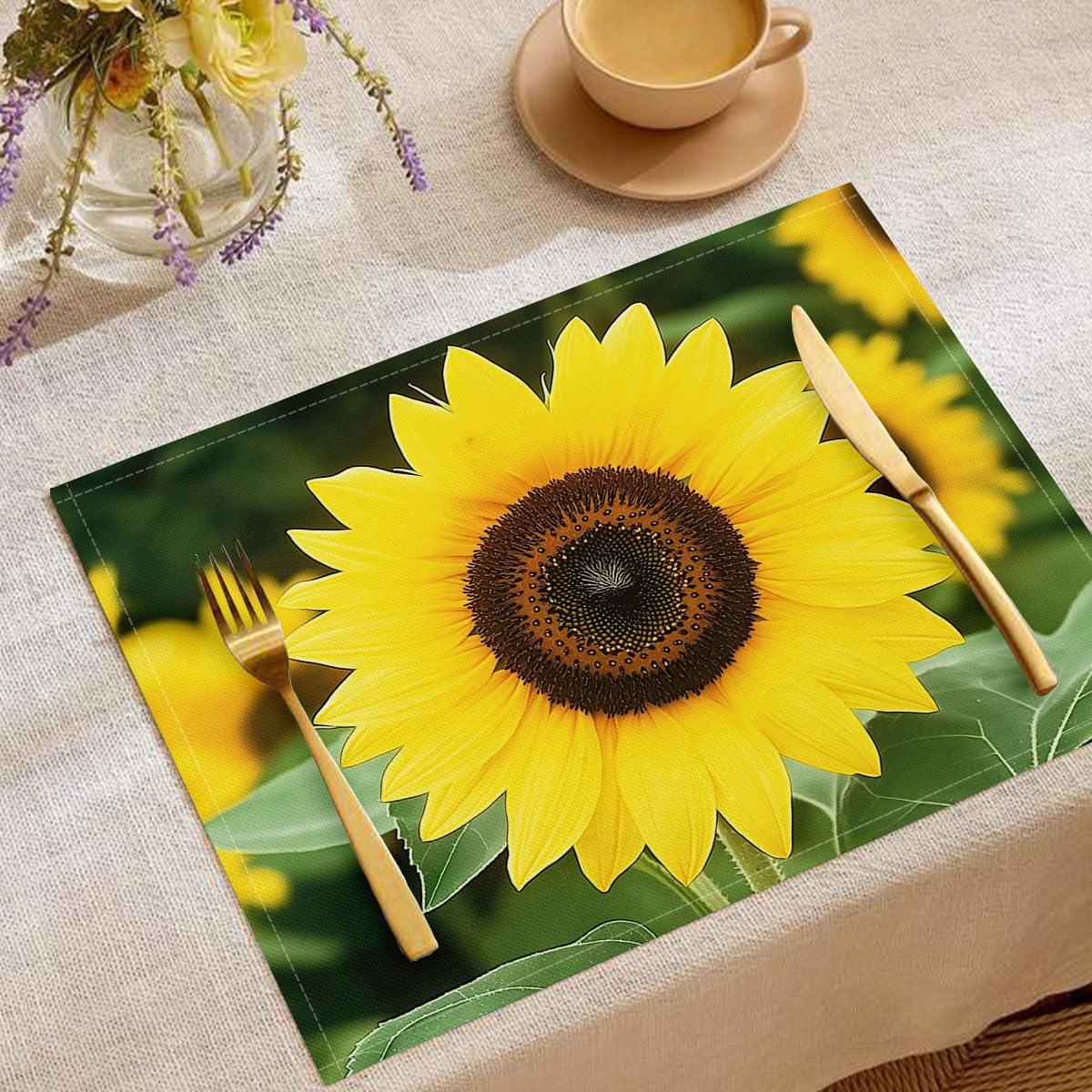 Set di 8 Colazione Stoffa 30x45cm, Natura Girasole Cotone e lino Tovagliette Americane Lavabili, Tovagliette Giallo Petali per Primavera Vacanze Cucina Feste, Pasqua