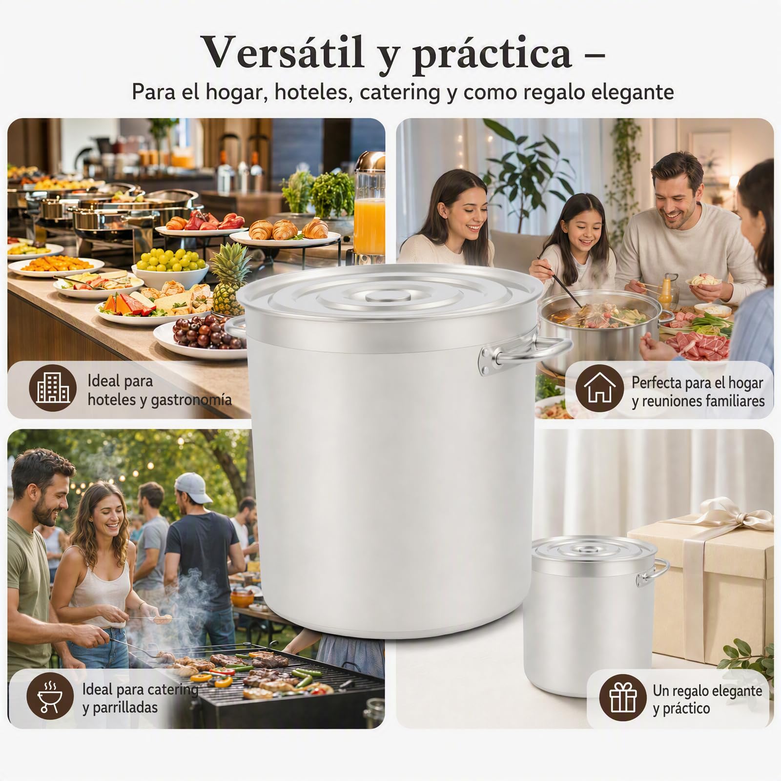 Olla grande de acero inoxidable de 50 L, para inducción con asas, base plana, tapa retráctil, diámetro de 40 cm, altura: 40 cm, olla de acero inoxidable grande para cocinas de gas, cocinas