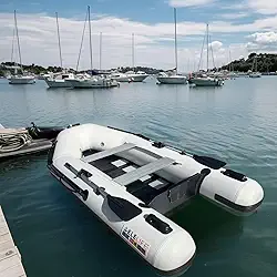 elelife Barco inflável de 2,5 m, bote portátil para 3 a 4 pessoas, placa de assento de alumínio de fileira dupla, piso de alumínio de camada dupla, barco pequeno inflável para pesca esportiva, com