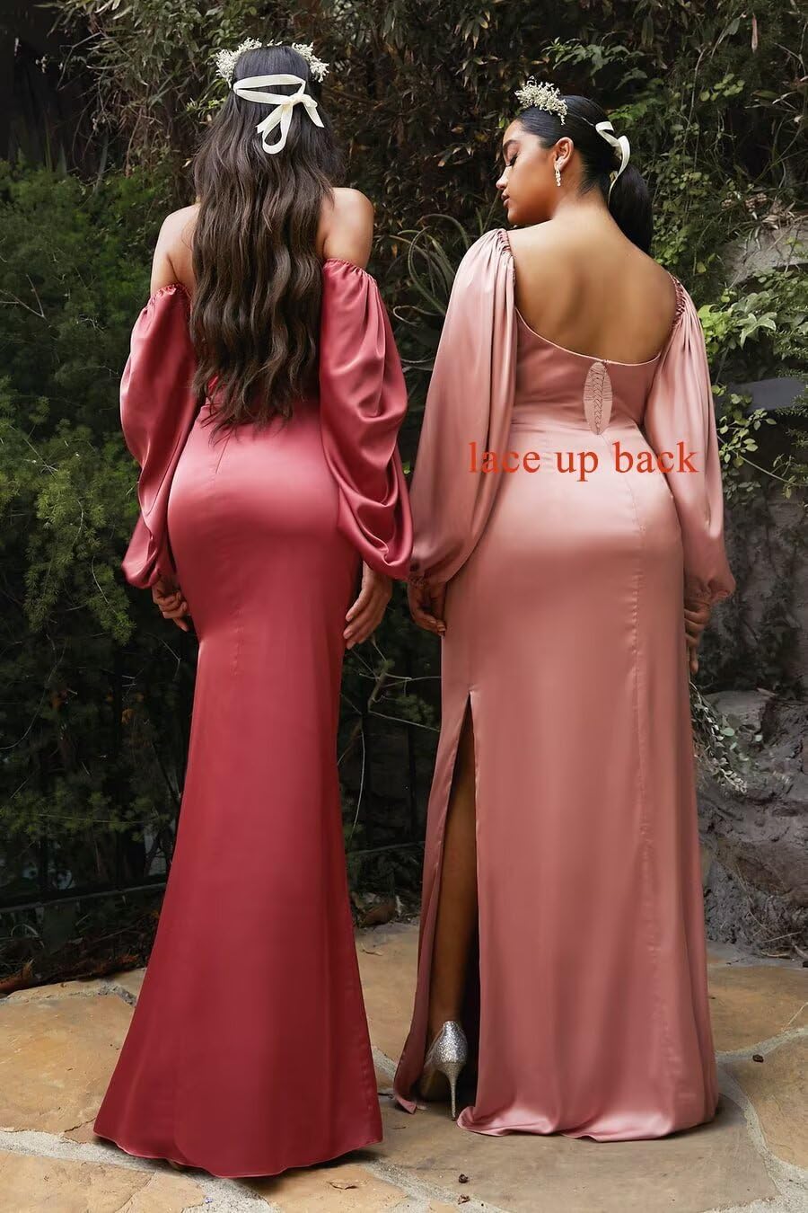 Women's Off Shoulder Satin Prom Dresses Long Sleeve Mermaid Long Formal Evening Gowns with Slit