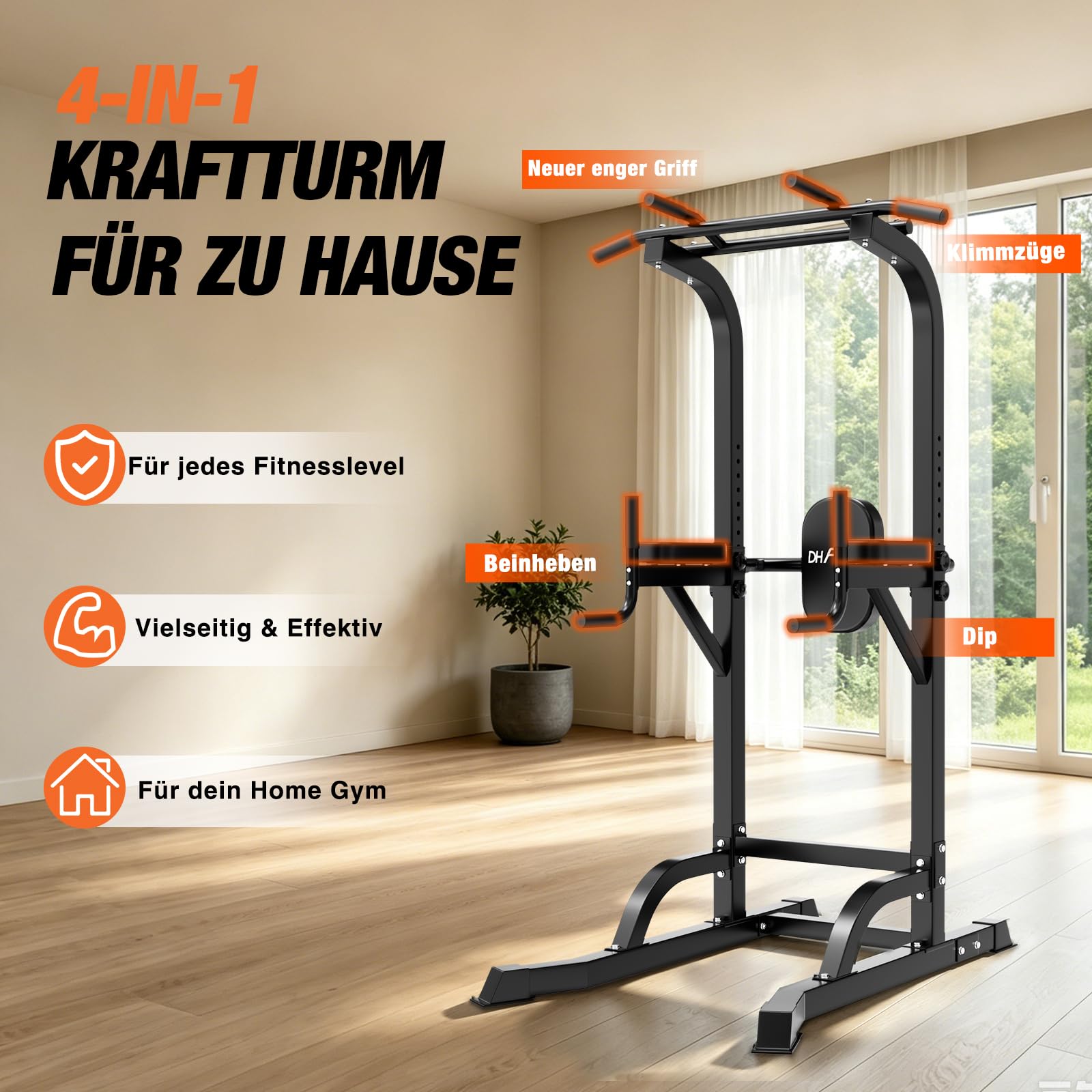 DH FitLife Power Tower Dip Station, Klimmzugstange freistehend bis 230 cm