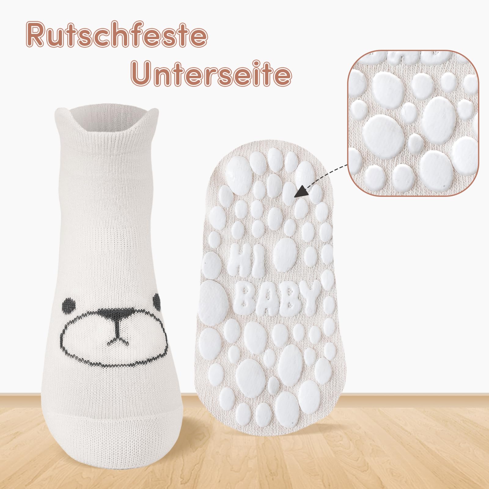 SockWaddles Stopper Socks Children Baby 5 Pairs ABS Breathable Non-Slip Socks Children, Crawling Socks Baby Cotton, Boys and Girls Crew Socks with Animals, White Bear, 1-3 Jahre 3