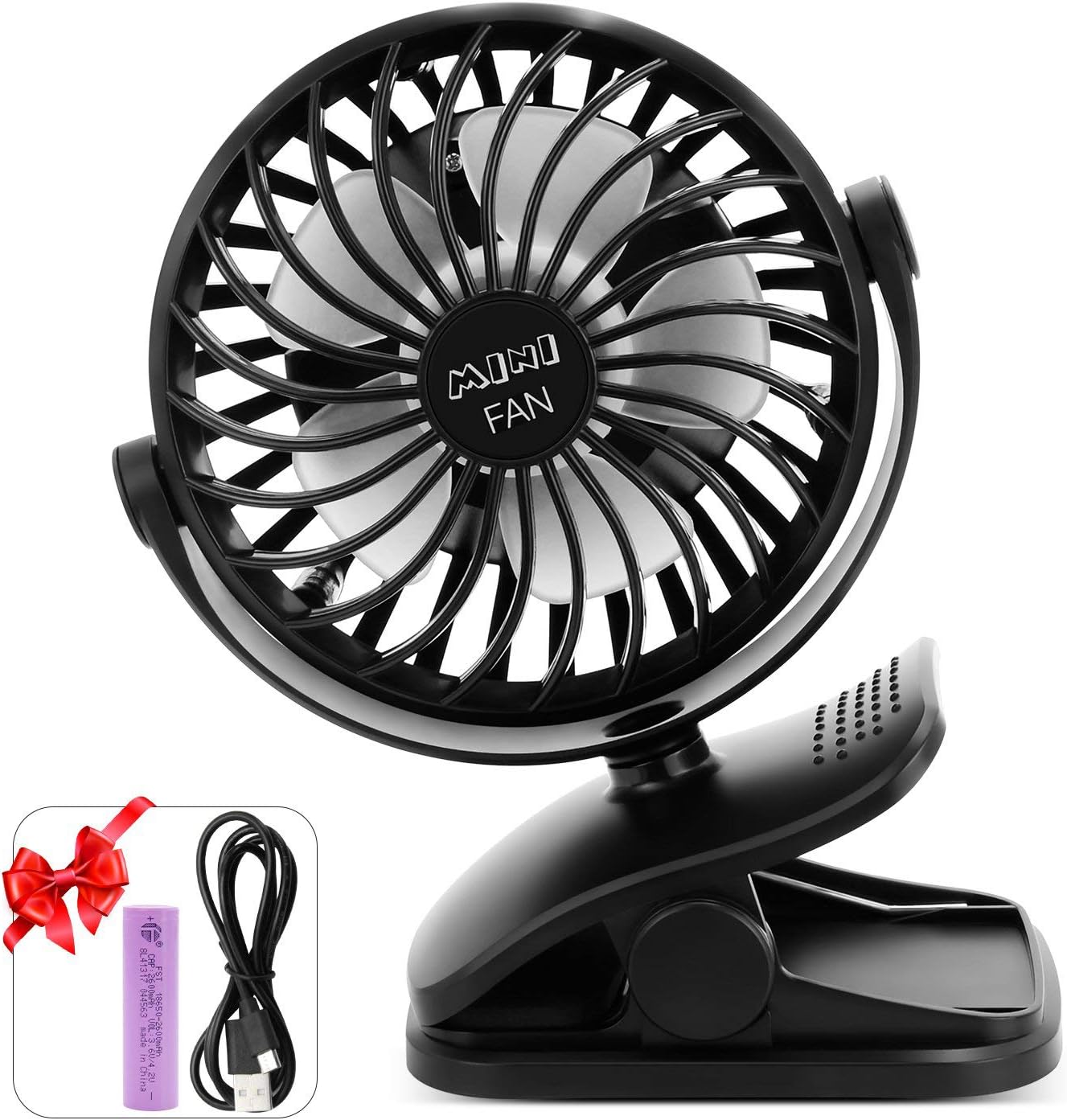 ESEOE Clip on Fan, USB Or 2600mAh Rechargeable Battery Operated Fan Small Desk Fan with 4 Speeds, 360 Degree Rotation Portable Stroller Fan for Baby S (Black)