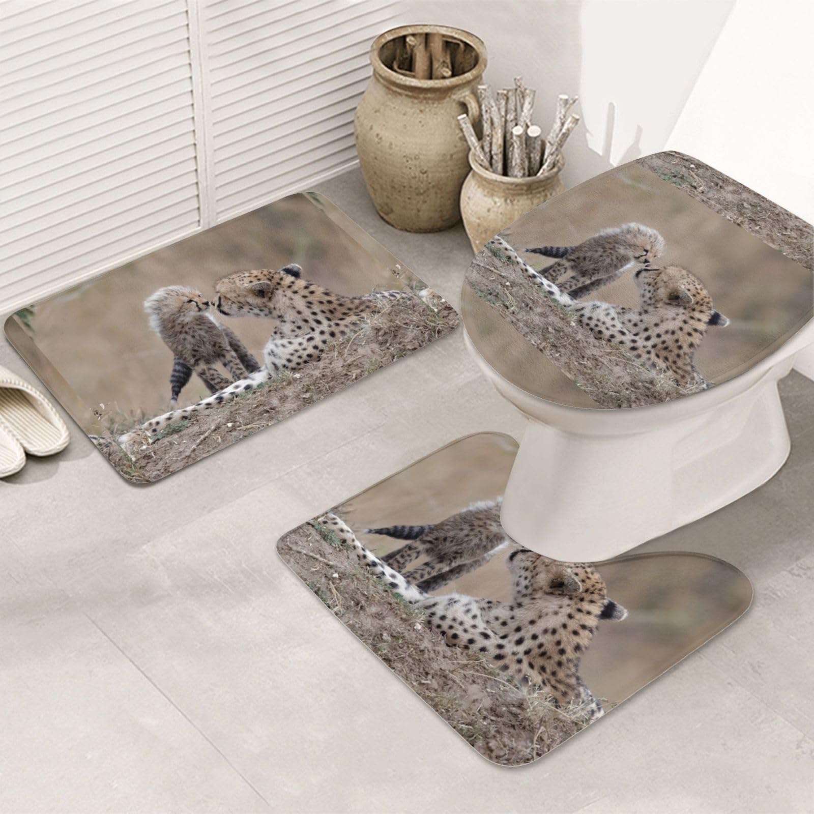 Tapis de bain absorbant et antidérapant 3 pièces lavable motif guépard
