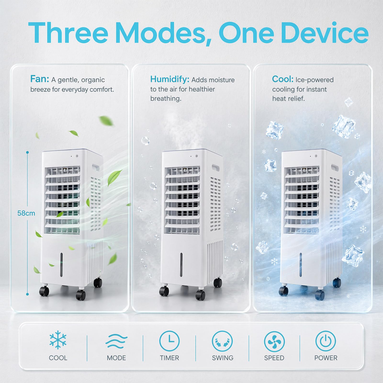 Rafraîchisseur d'air 4-en-1 Mobile sans Tuyau d'évacuation, Réservoir 12L avec 2 Blocs de Glace, Climatiseur Portable, Humidificateur, Purificateur, Télécommande, Minuterie 7.5h