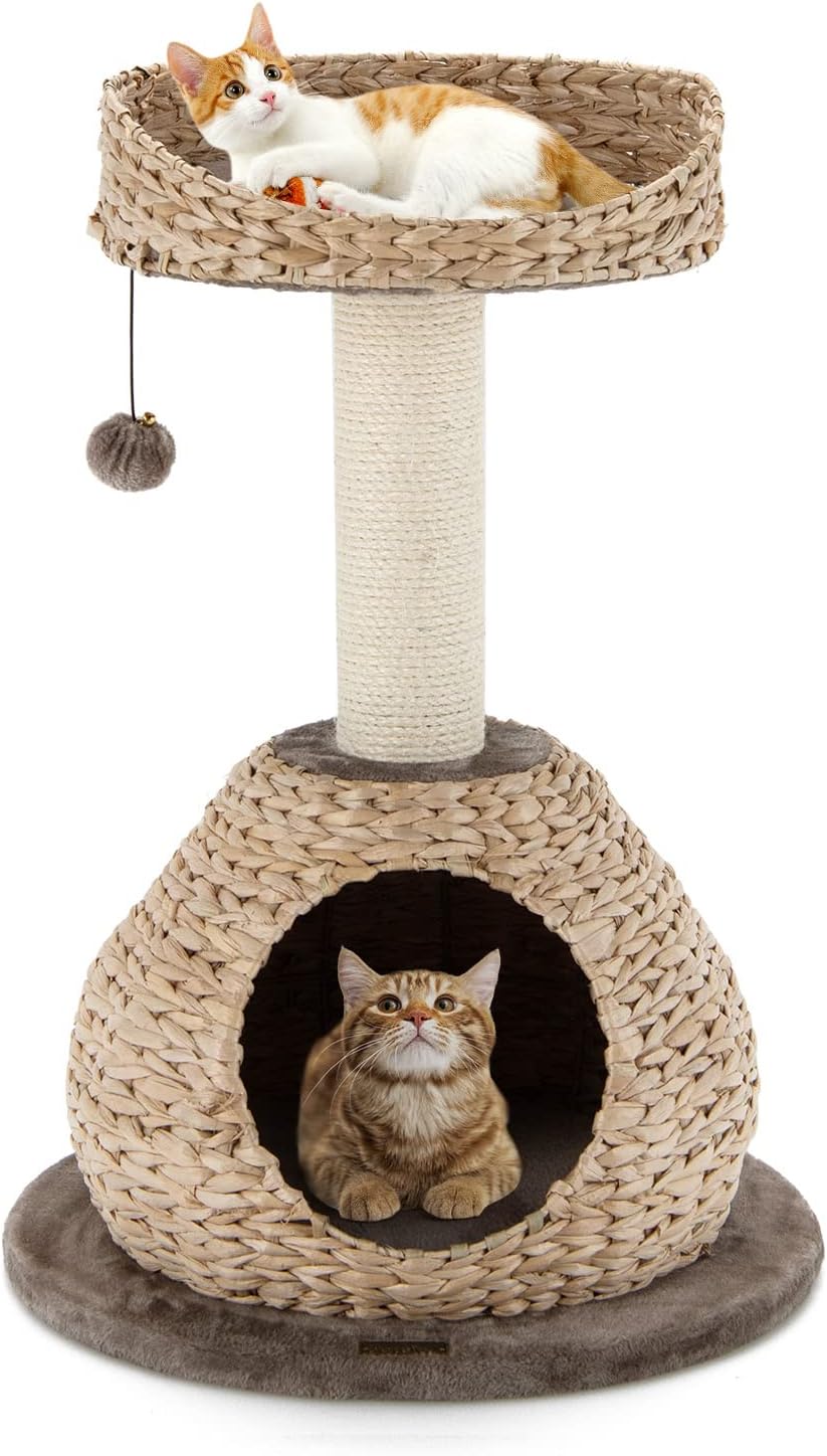 PETSITE Modern Cat Tree Tower, Paper Rope Natural Bowl Shaped with Perch, Scratching Post, Rattan Cat Activity Tree for Kittens, 28" Tall