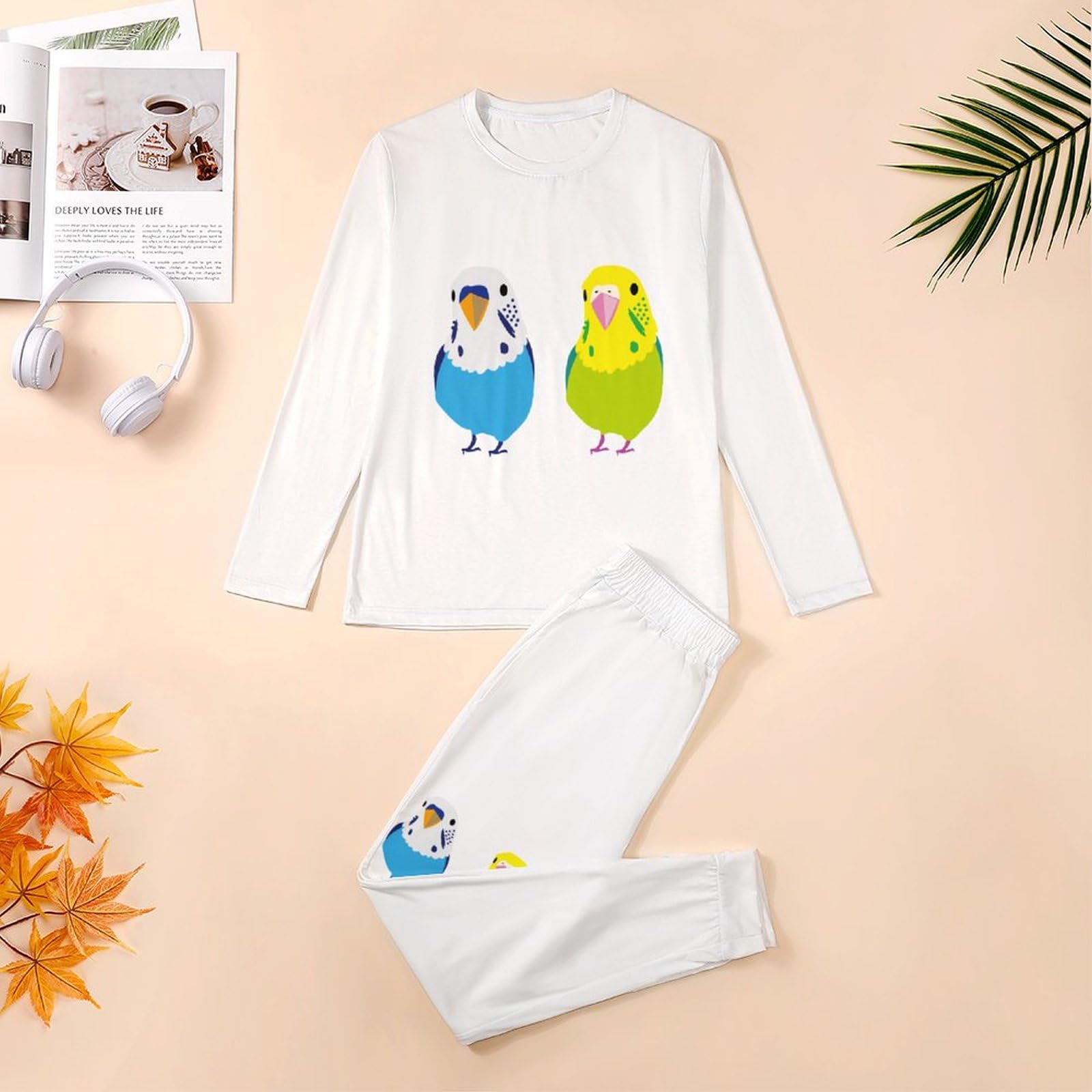 インコルームウエア上下☘️インコグッズ☘️ブルー・水玉インコ セットアップ✨ 小鳥の雑貨・洋服デザイン【KOTORITACHI】ルームソックス小鳥