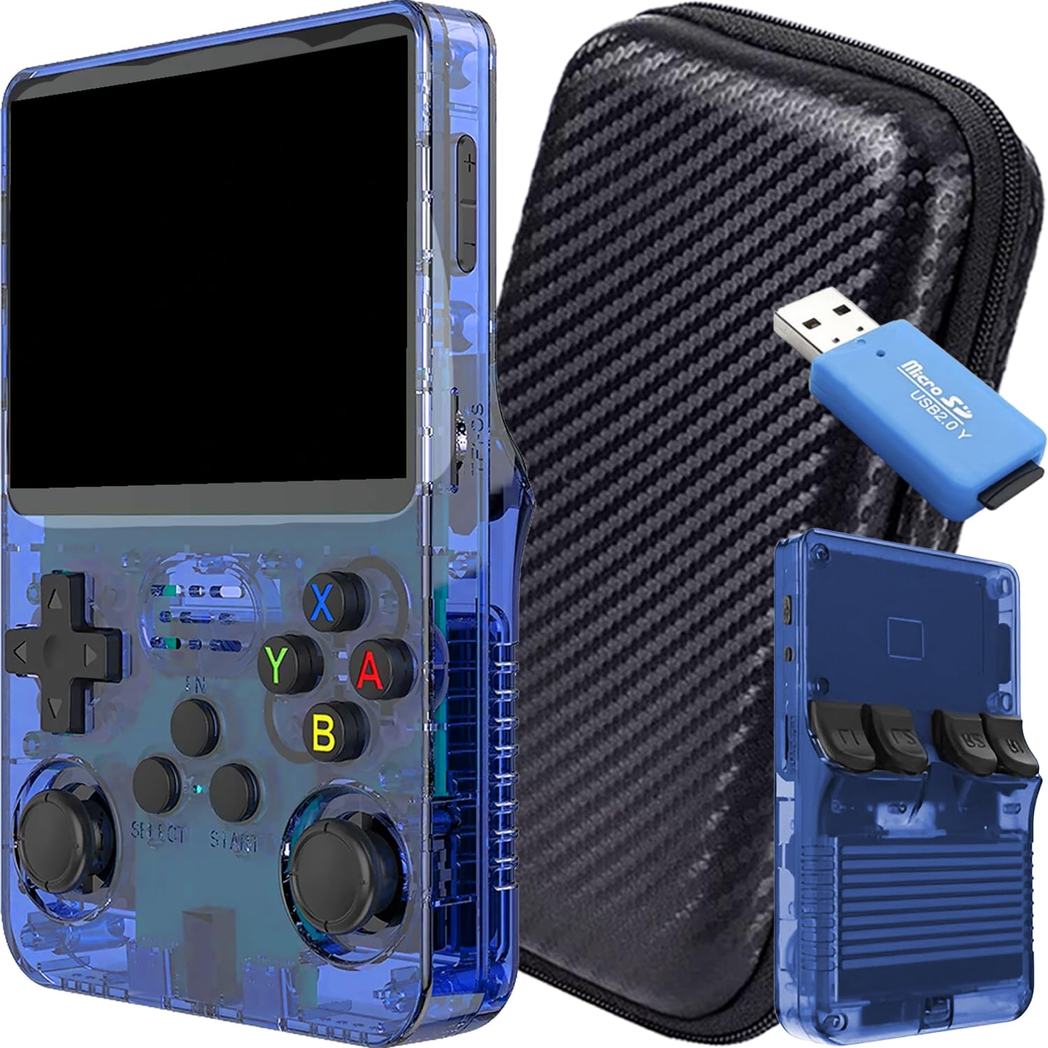SVP Game R36S Console rétro portable avec étui et lecteur TF-USB, Original 2026, compatible avec 40 000 jeux, panneau IPS 3,5", Linux, x2 fentes TF, Bat. 3500 mAh (bleu, 128 Go, Pack Ultra)