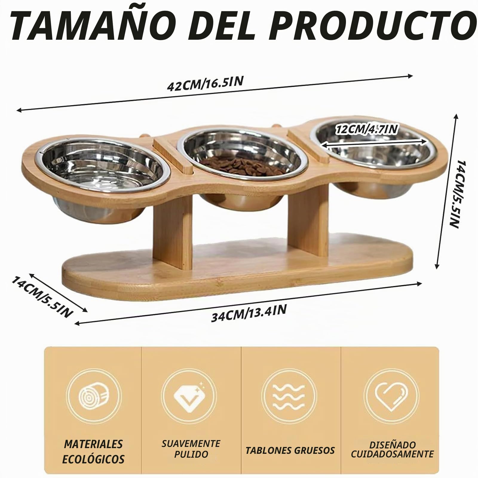 Comedero Gato Elevado Inclinación de 15°Cat Bowl Comederos Altos para Gatos con 3 Cuencos de Acero Inoxidable para Gatos y Perros Pequeños