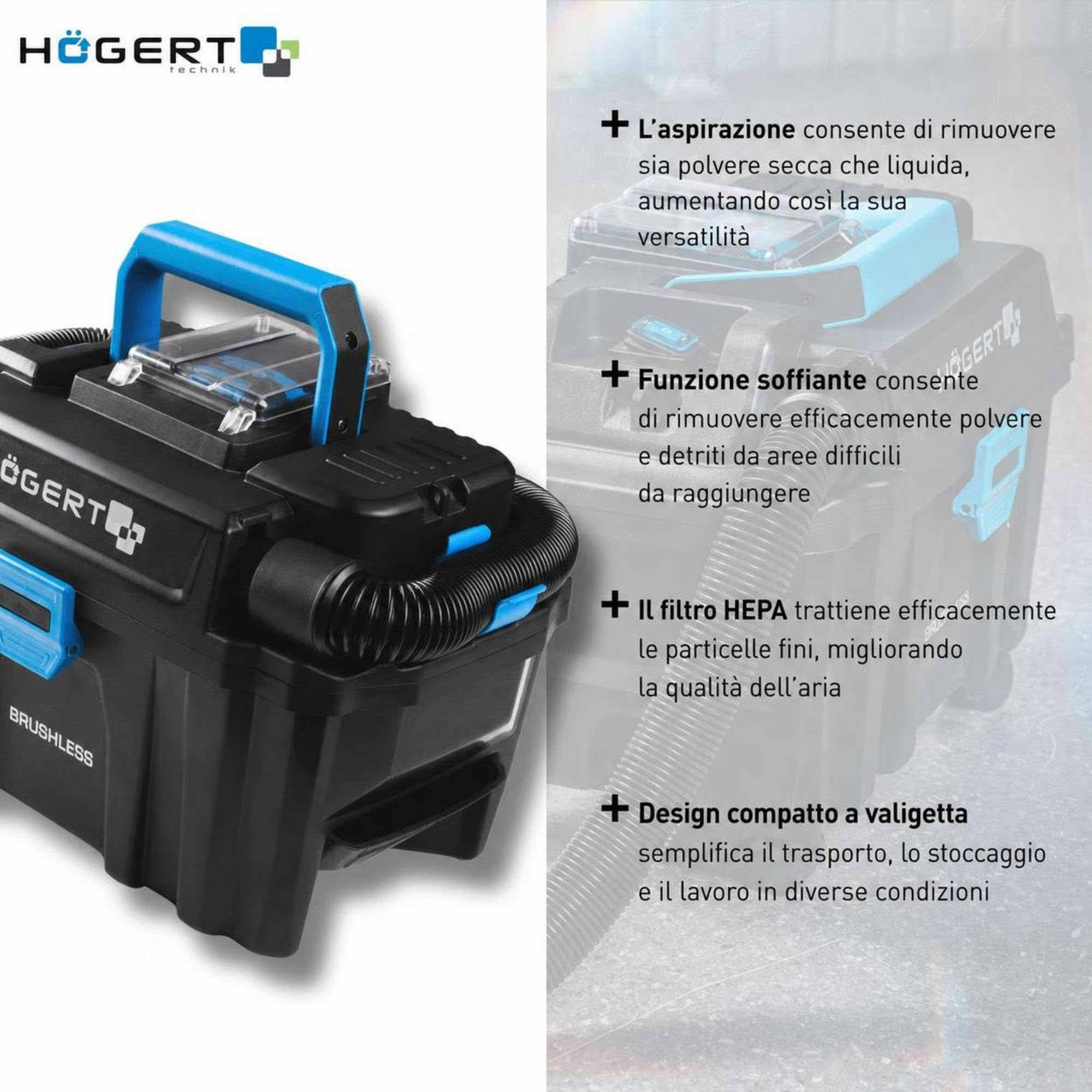 Högert Technik Aspiratore secco umido a batteria 18V, aspiratore industriale compatto 10L con filtro HEPA, funzione soffio, aspiratore portatile senza batteria