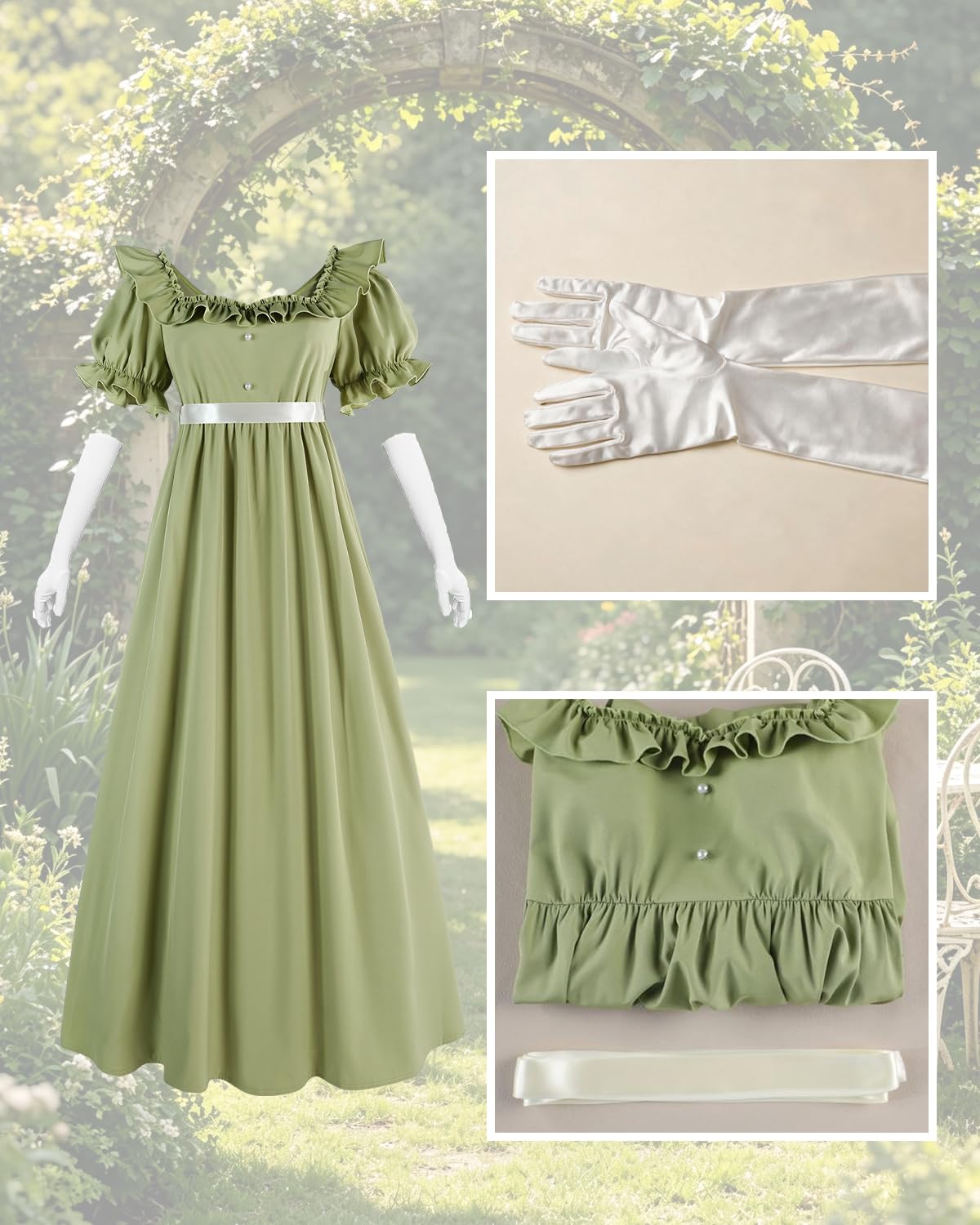 CR ROLECOS Regency - Abito da donna a vita impero, lungo, stile vittoriano, con maniche a sbuffo, guanti, colore verde
