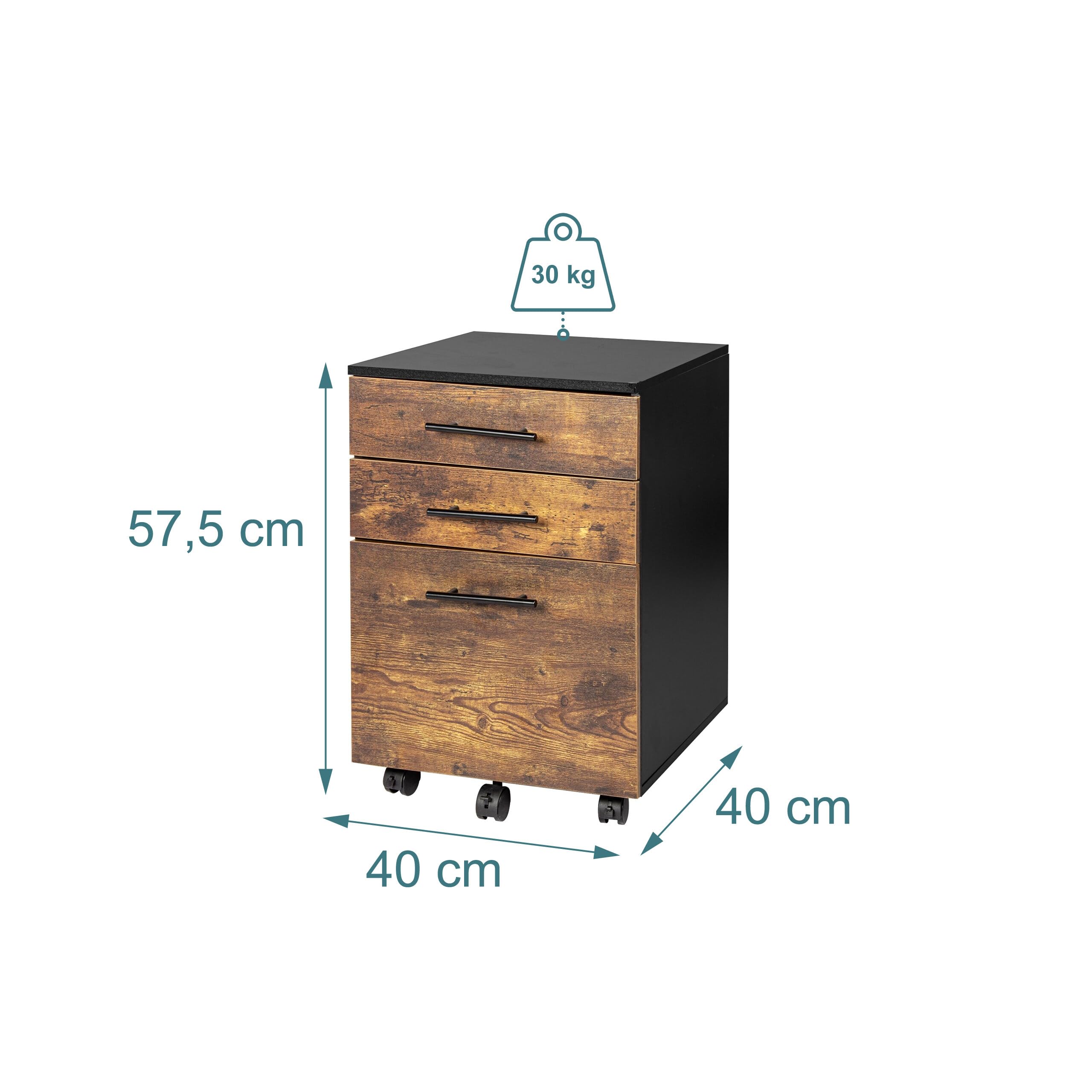 Relaxdays Contenitore su Ruote con 3 cassetti, Supporto per cartelle sospese, 57,5x40x40 cm, Nero/Marrone