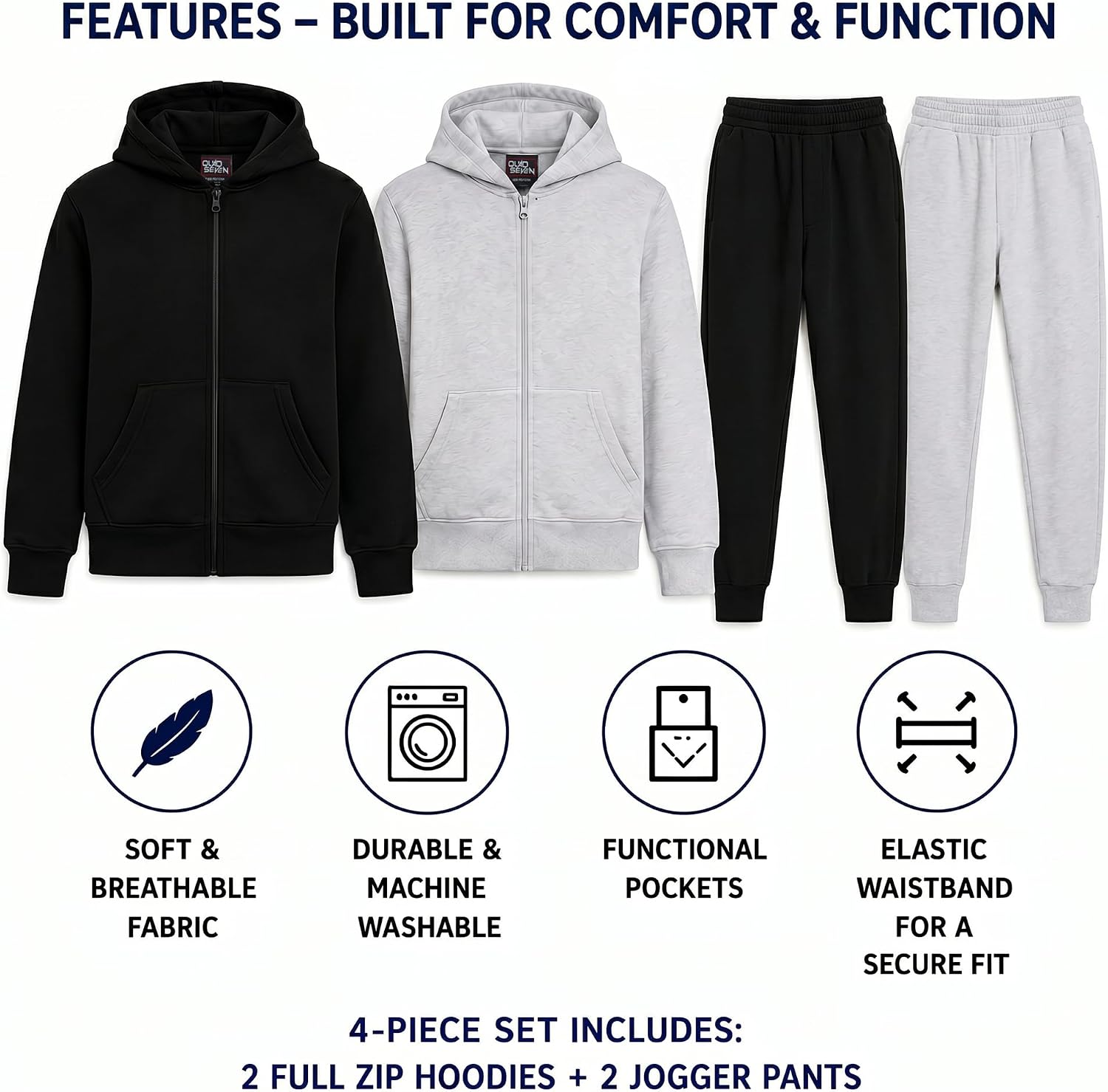 Quad Seven Boys 4 Piece Solid Fleece Zip Hoodie and Jogger Sweatsuit (5-18)