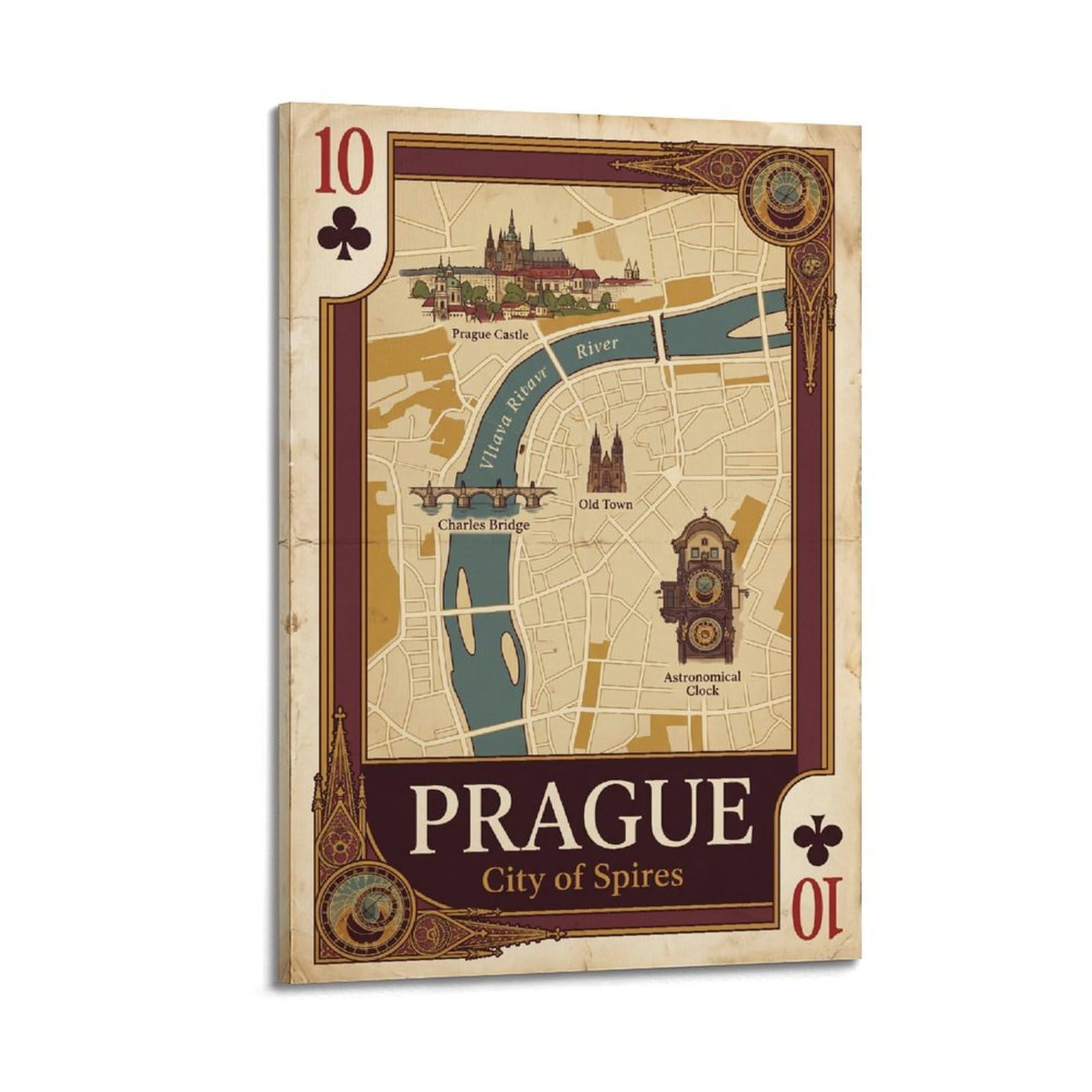 OKNGB Vintage City Map Poster Prague Charles Bridge Playing Card Style Decorative Painting Canvas Art Picture 20x30inch(50x75cm)