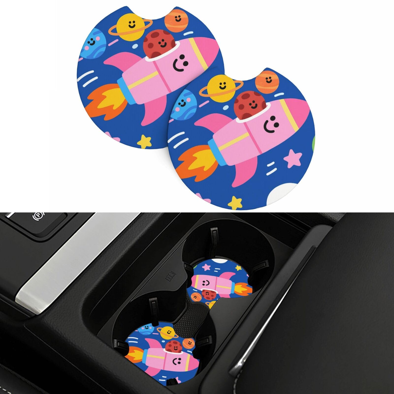2 Pack Car Coasters,2.7" Universal Car Cup Holder Coasters Non-Slip Neoprene Cup Pad Mat Coaster Car Interior Accessories for Women Men Cute Space Doodle