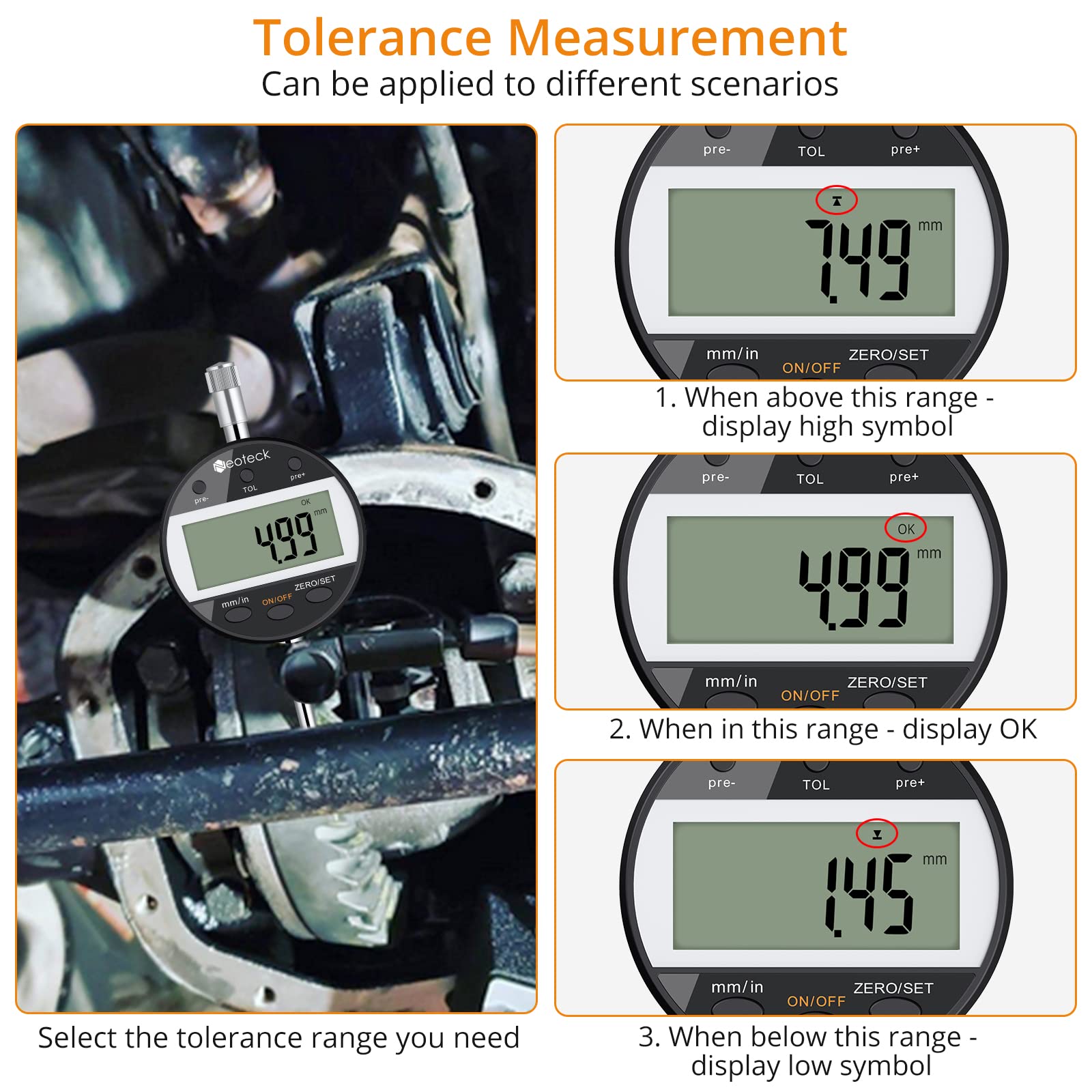Neoteck Reloj Comparador0.01/0.0005'' Indicadora de Dial Digital y base magnética con Cable de Datos y Función de Tolerancia Conversión de Pulgadas/Métrica 25,4mm para Laboratorio Taller Impresoras 3D