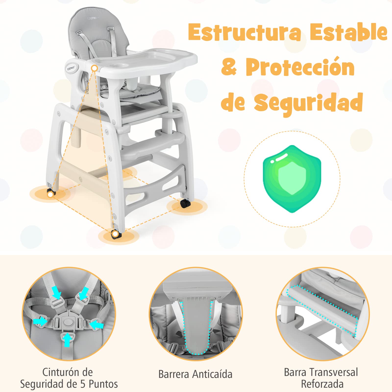 COSTWAY 5 en 1 Tronas de Bebe, Trona Portatil con 2 Bandeja Extraíble de 4 Posiciones, Cojín, Respaldo de 3 Niveles, Silla de Comer, Trona Evolutiva para 6-72 Meses