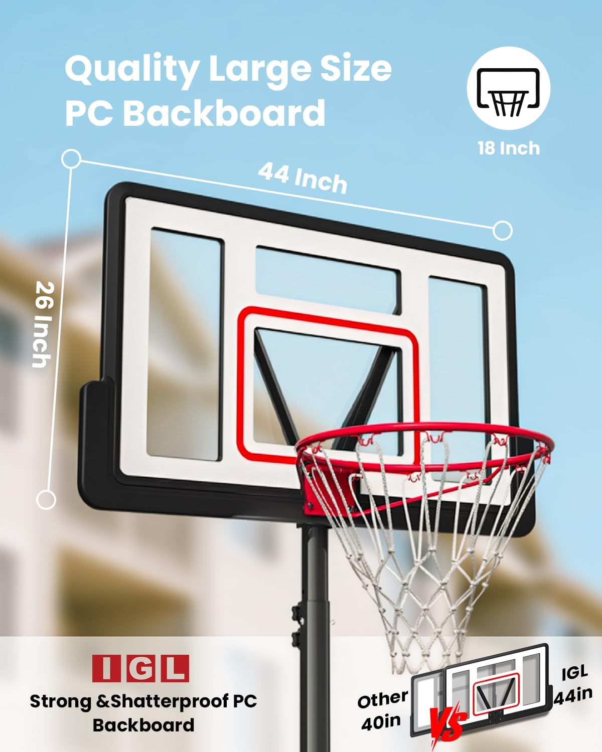 IGL Portable Basketball Hoop Outdoor, 4.28-10ft Height Adjustable Basketball Goal System, 44 Inch Shatterproof PC Backboard Outdoor Basketball Hoop for Backyard, Driveway,Court