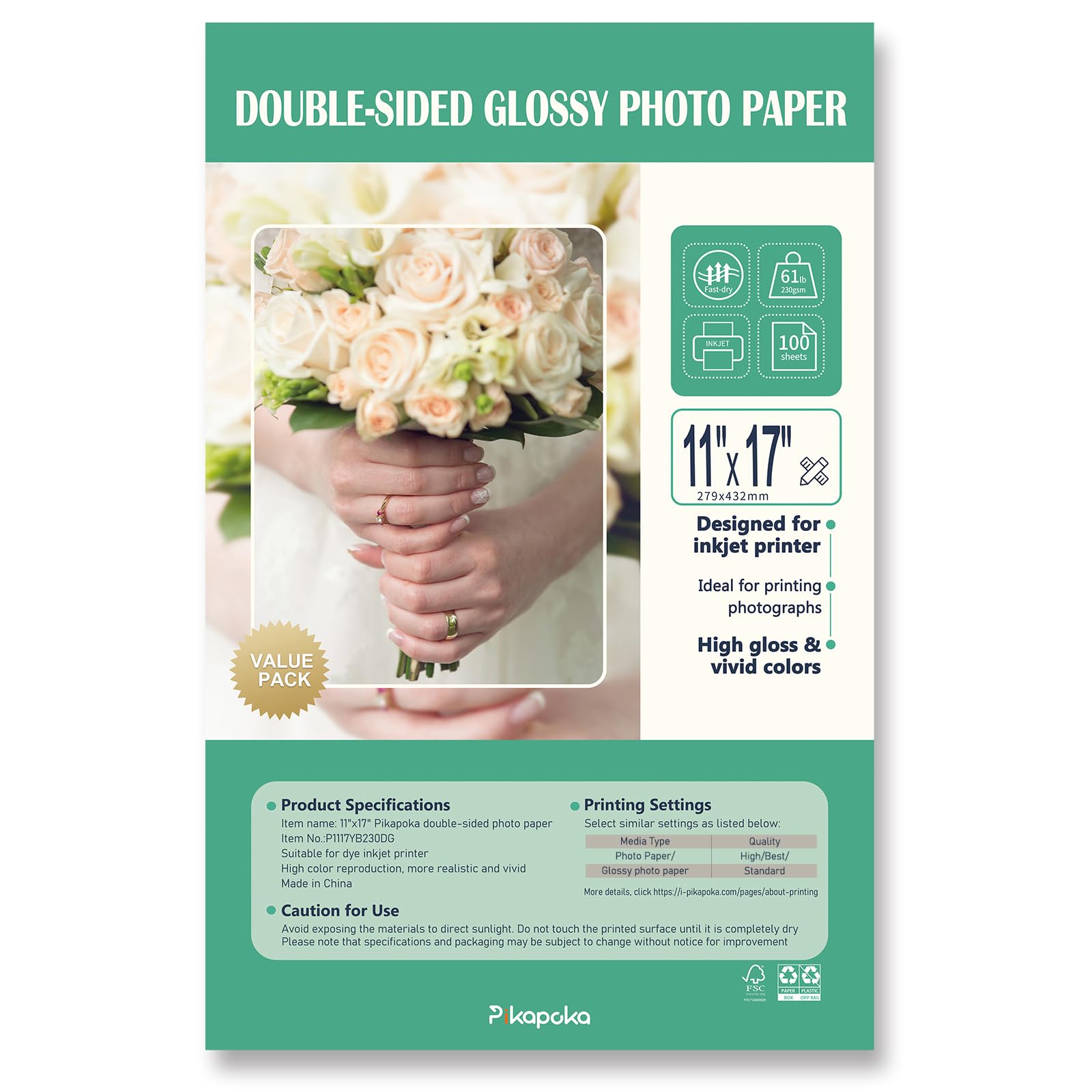 Doppelseitiges, glänzendes Fotopapier, 28 x 43 cm, dickes Hochglanzpapier für Karton, 100 Blatt, 27,7 kg für Tintenstrahldrucker
