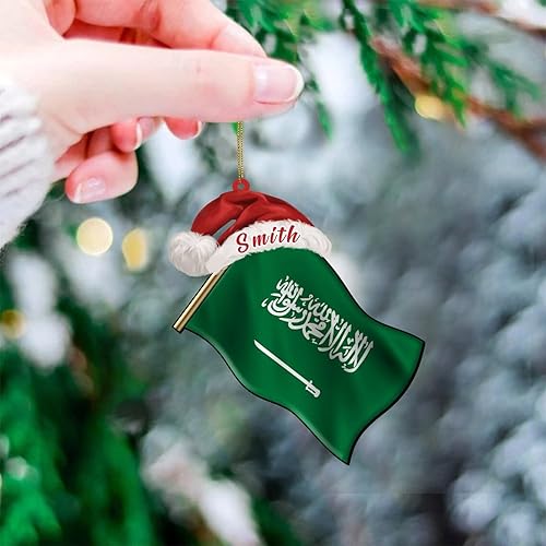 Miniatura 4 de CowkissSign Adornos acrílicos de Arabia Saudita para decoraciones de Navidad, bandera de Arabia Saudita con sombrero de Santa personalizado, adornos