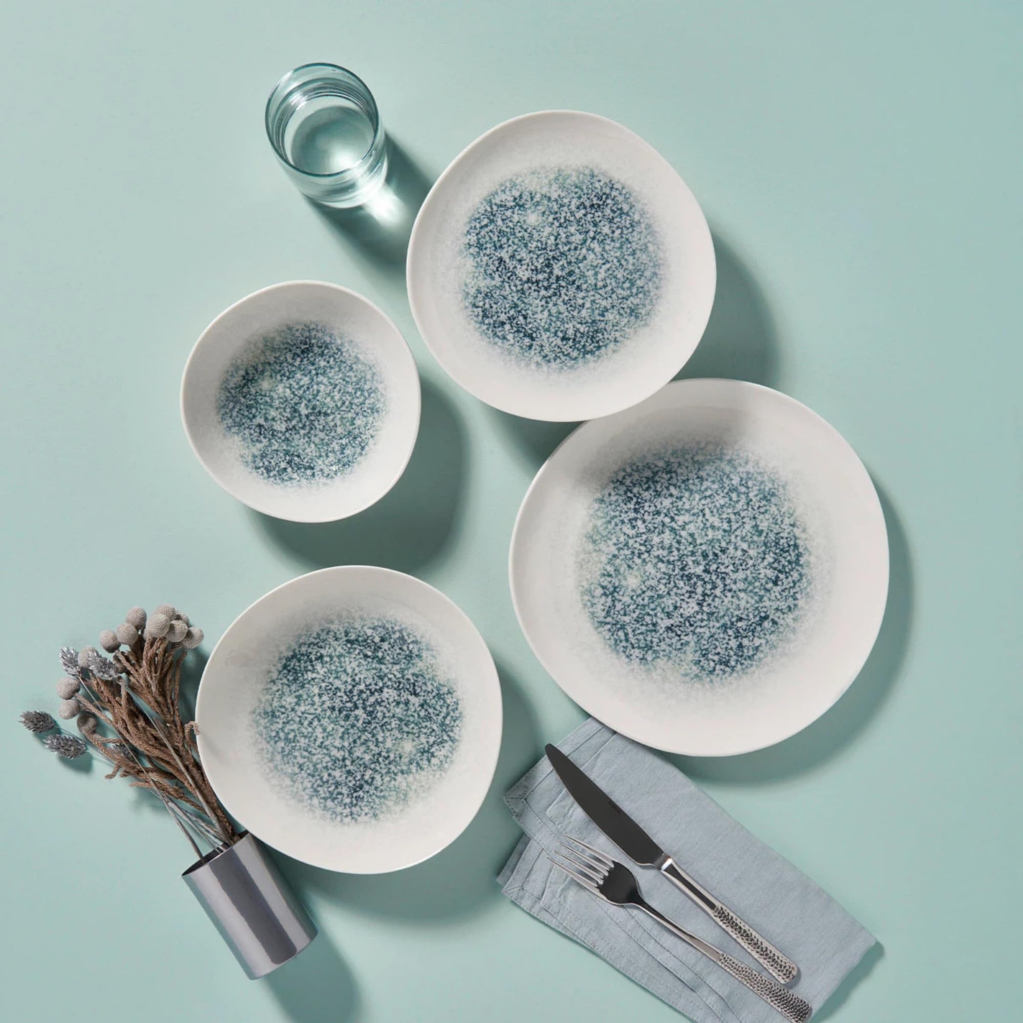 NORDIC SCHILLER Tafelservice Roden Series, 6 Personen, 24-tlg., Creme | Bone Porzellan, Blaue Struktur, Essteller, Dessertteller, Tiefe Teller