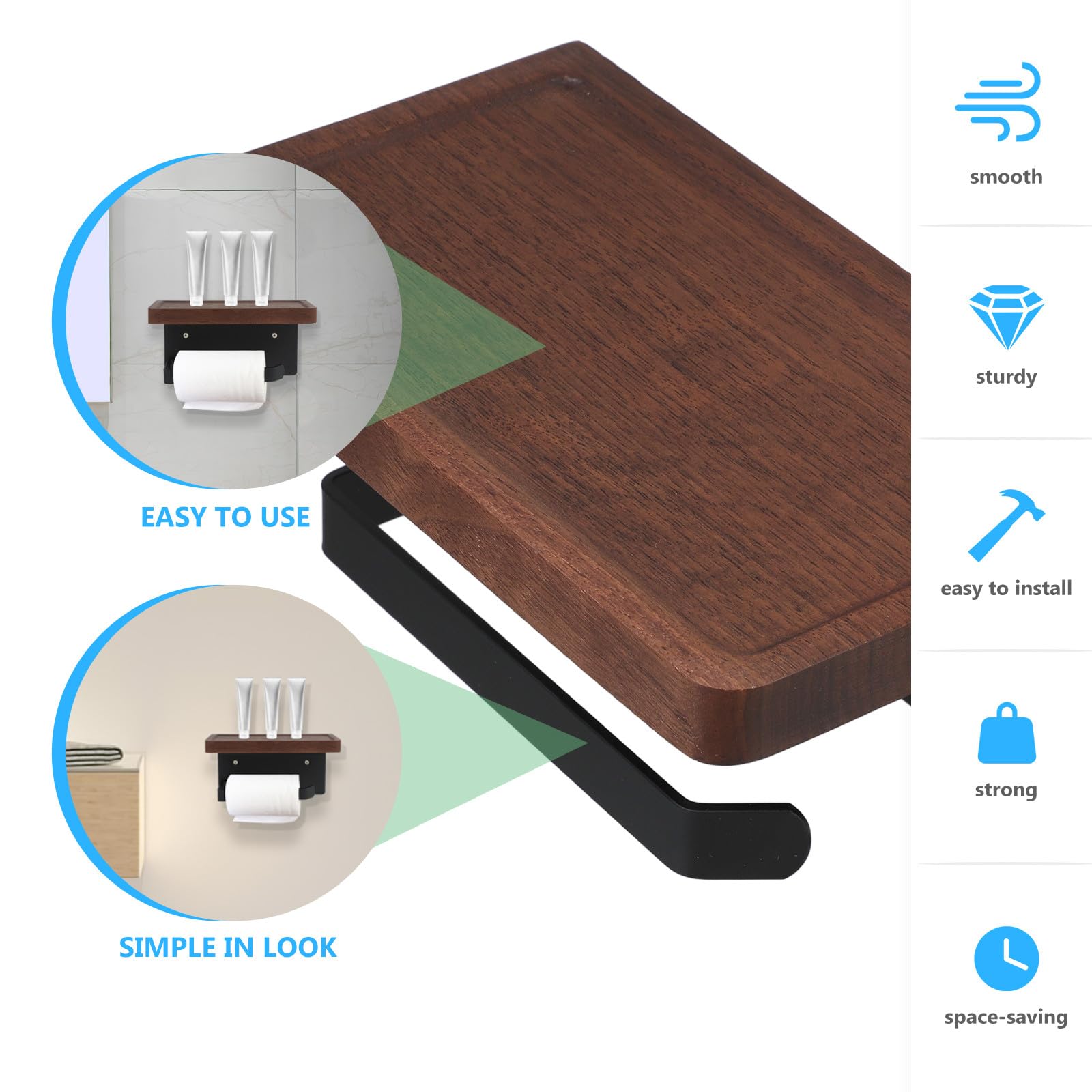 Portarrollos de papel higiénico multifunción de madera de nogal negro con estante integrado, soporte resistente para accesorios de baño y rollos de papel higiénico, diseño de madera