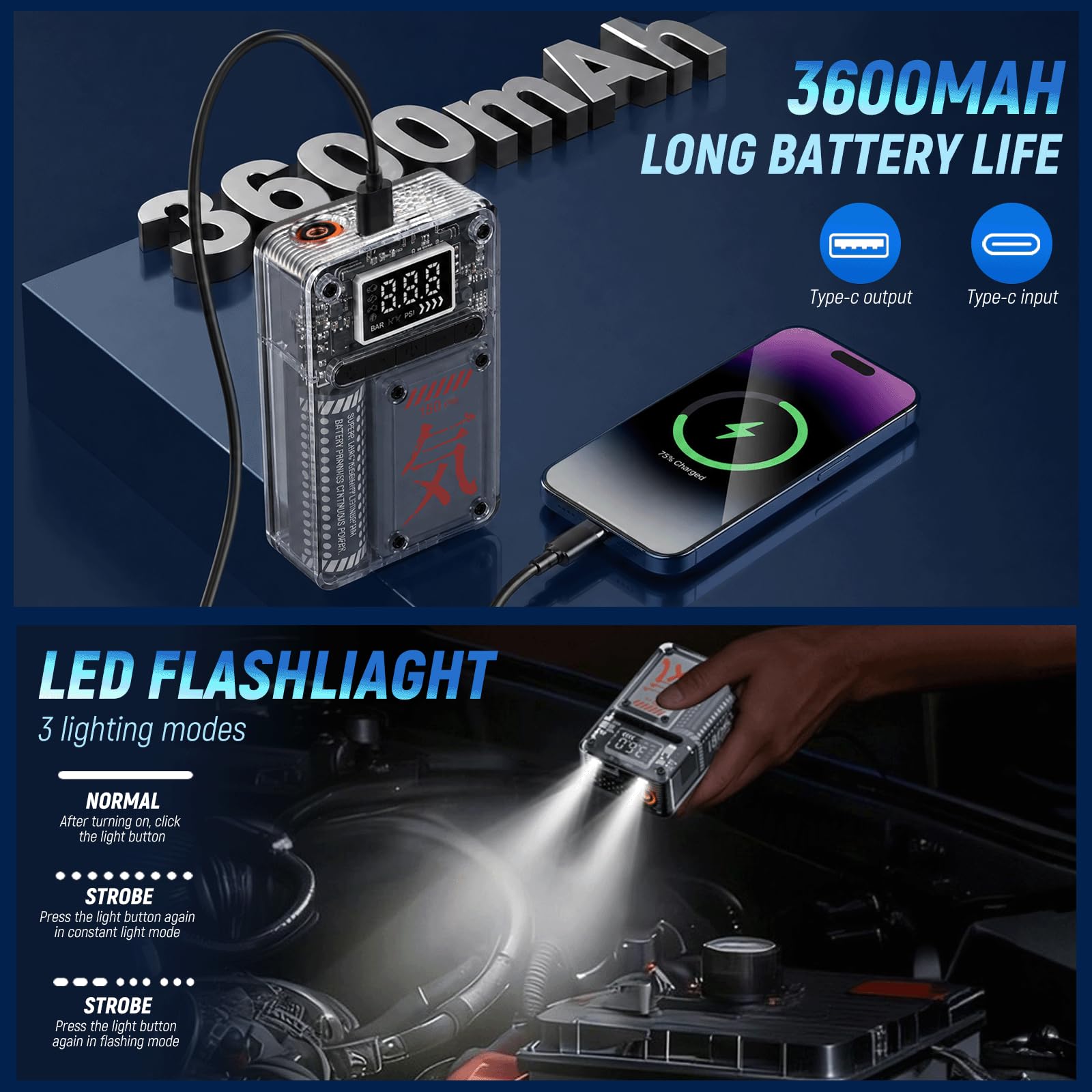 Compressore Aria Portatile 150 PSI (10,3 Bar), Mini Compressore Senza Fili, Gonfiatore Pneumatici Elettrico con Display LCD, Spegnimento Automatico, Luce LED, per Auto Moto Bici Palloni