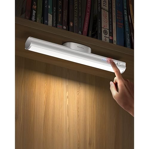 Rocoren 2000mAh Wireless Under Cabinet Lighting, Magnetic Closet Light, Desk Lamp, Dimmable, Button Design, Adjustable Color Temperature/Brightness, Rechargeable USB-C Powered Kitchen Lamp (White)