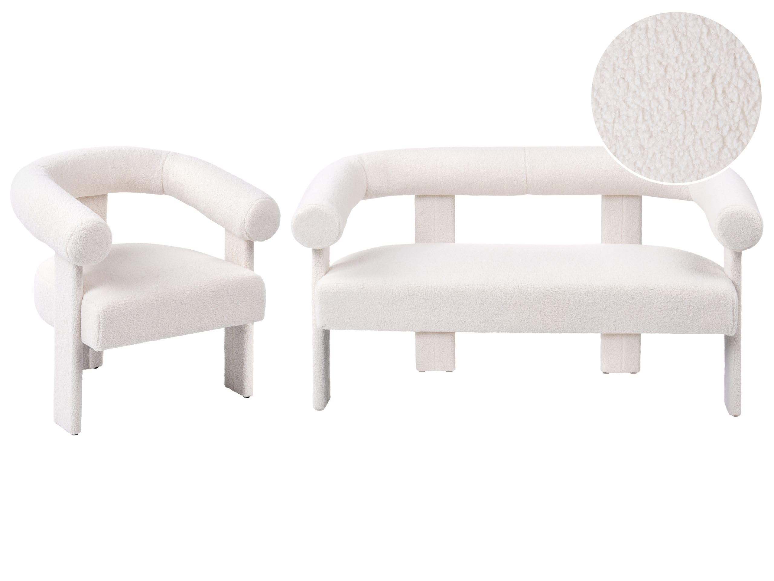 Ensemble de Salon Retro en Bouclé avec Canapé 2 Places et Fauteuil Rembourrés Blanc Cassé Ilbro