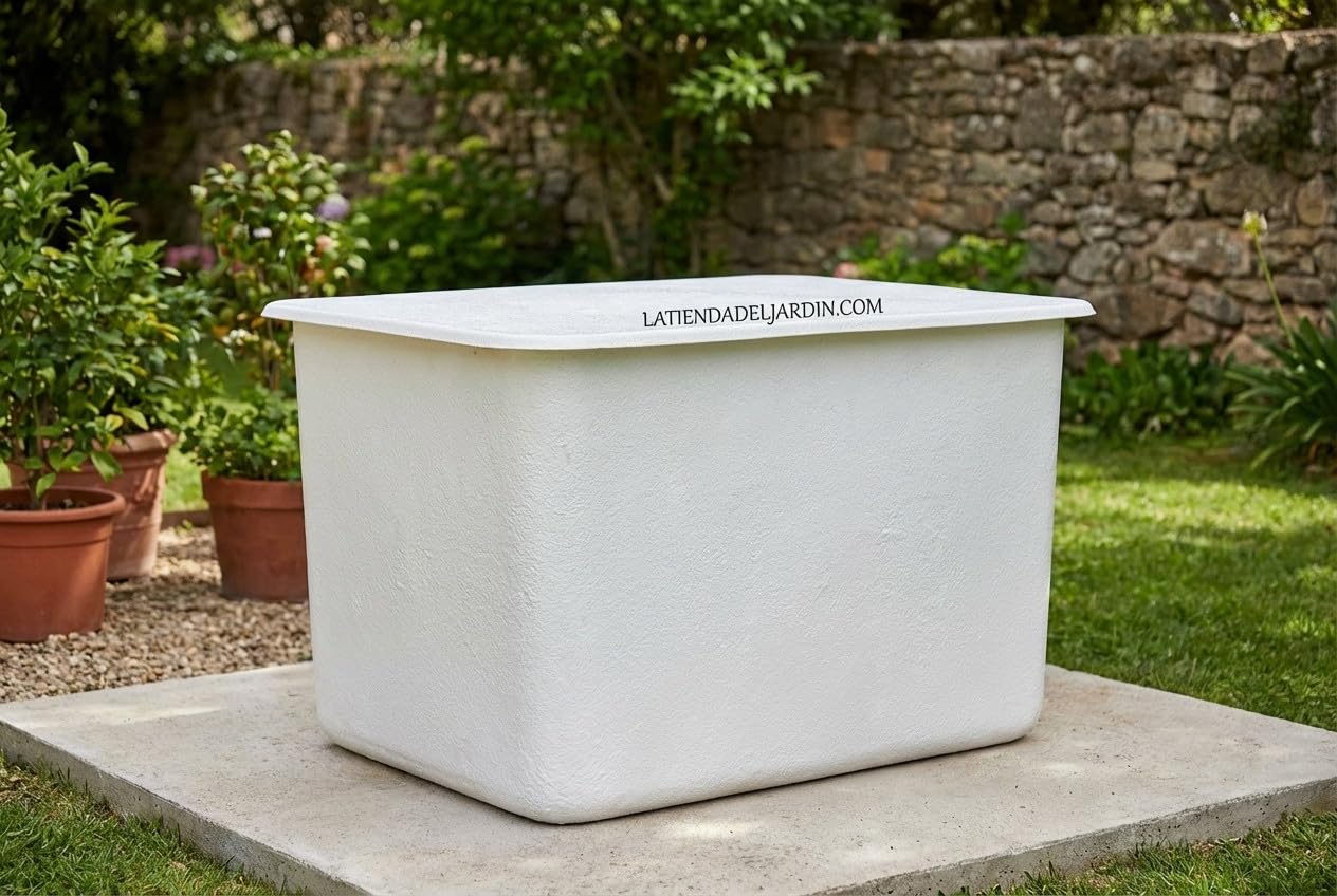 Suinga DEPOSITO de agua de POLIESTER fibra de vidrio 1000 LITROS rectangular + Tapadera. Largo 142 cm, Ancho 108,5 cm, Altura 85 cm. Apto para contener productos alimenticios.