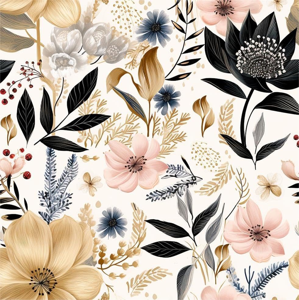 MuralPeel White/Pink/Gold Floral Garden Black Blue Flowers Vintage Peel and Stick Wallpaper Self Adhesive Removable Easy Peel Off Contact Paper Stick