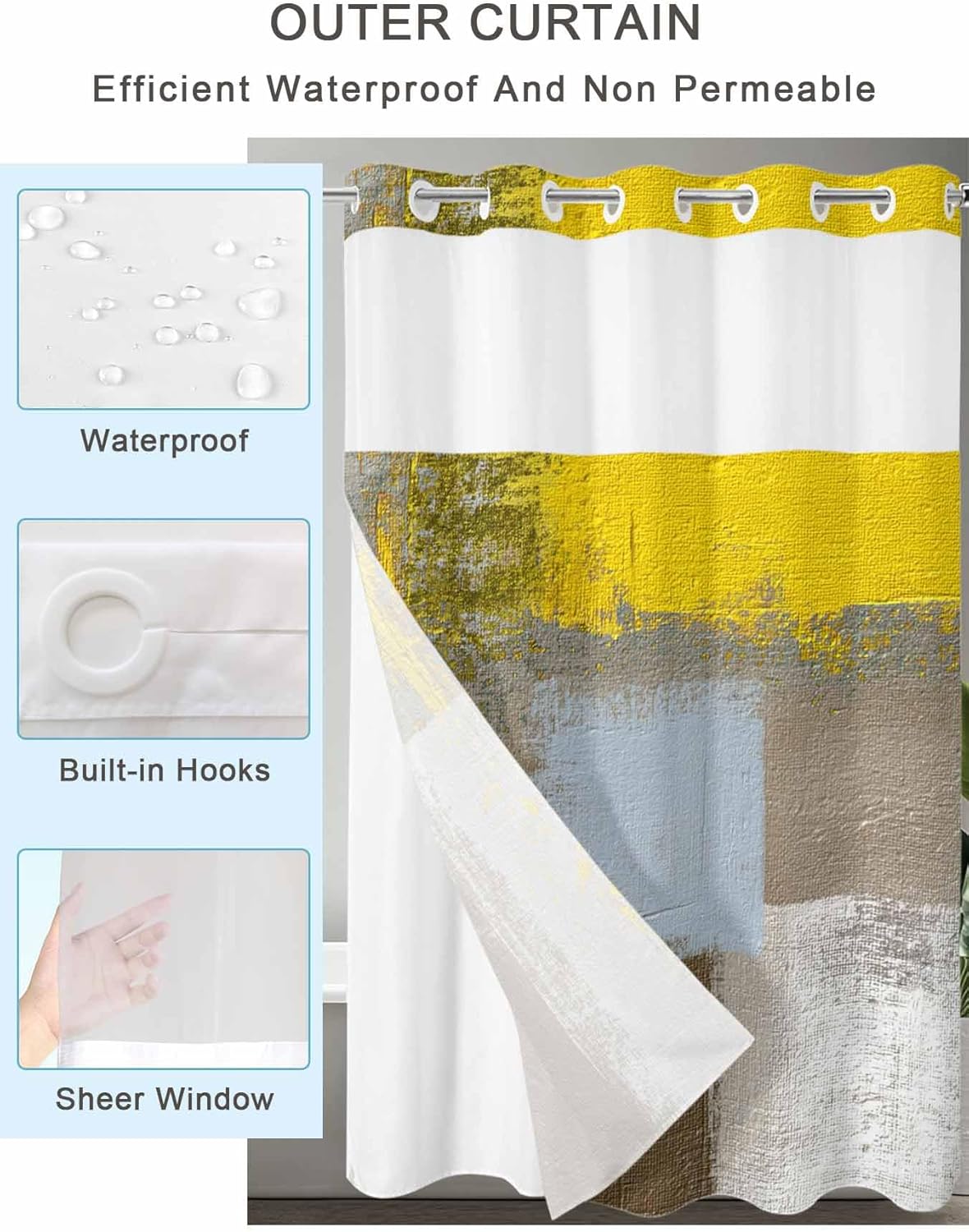 No Hook Yellow Brown Shower Curtain with Snap in Liner Set, Abstract Blue White Vintage Oil Painting Waterproof Fabric Bathroom Curtains with See Through Top Window, Long 72 x 84 Inch