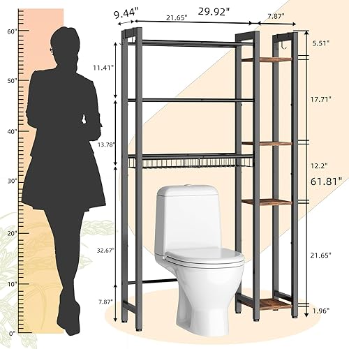 Miniatura 2 de Almacenamiento sobre el inodoro con estante lateral, organizador de baño de 7 niveles con estante ajustable y cesta de drenaje y 4 ganchos, ahorro