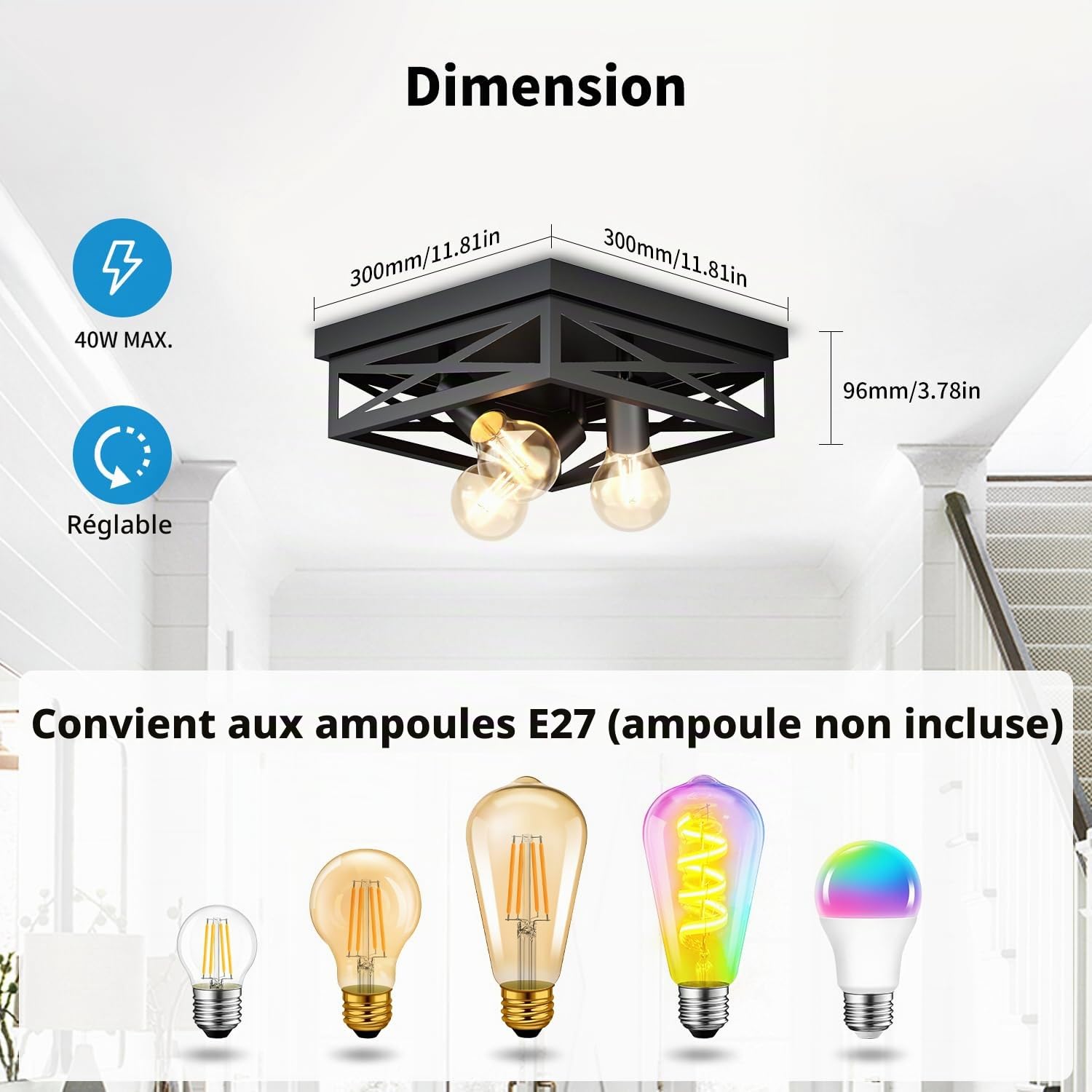 LVWIT Luminaires Intérieur Plafonnier Noir, Plafonnier LED Cuisine, 30CM Éclairage de Plafond 3 Luminaires Carré, E27 Lampes de plafond Pour Chambre, Couloir, Restaurant (Ampoule non incluse)
