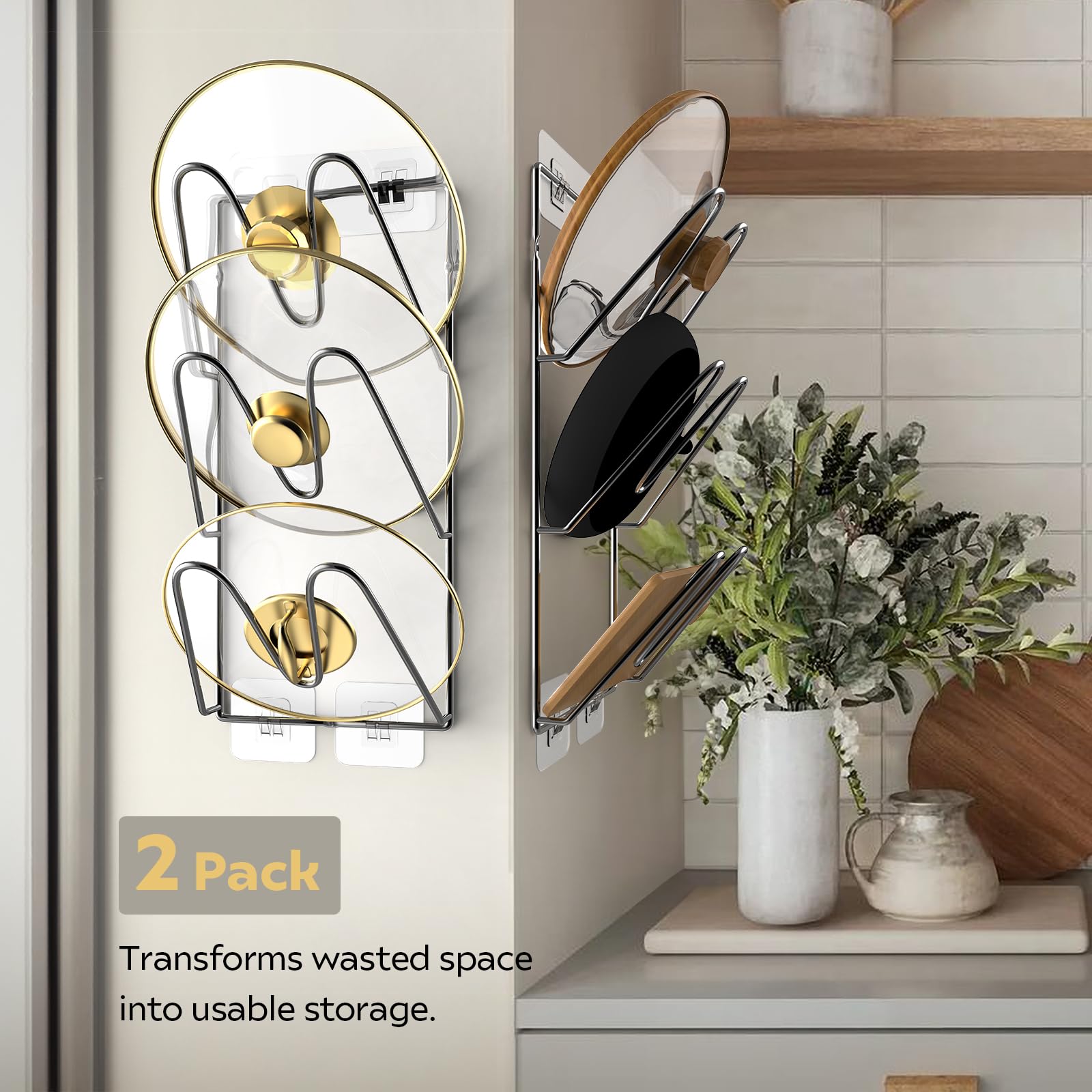 Paquete de 2 organizadores de tapas de ollas, organizador de 6 niveles para ollas y sartenes dentro del armario o pared/puerta, montaje adhesivo sin taladrar para almacenamiento de cocina