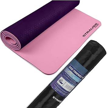STRAUSS TPE Dual Layer Yoga Mat| Exercise Mat for Yoga,Pilates & Gym| Lightweight & Eco-Friendly Material | Yoga Mat for Women and Men |Ideal for Home Gym Workout |Includes Carry Bag | 6MM,(Pink) - image, photos