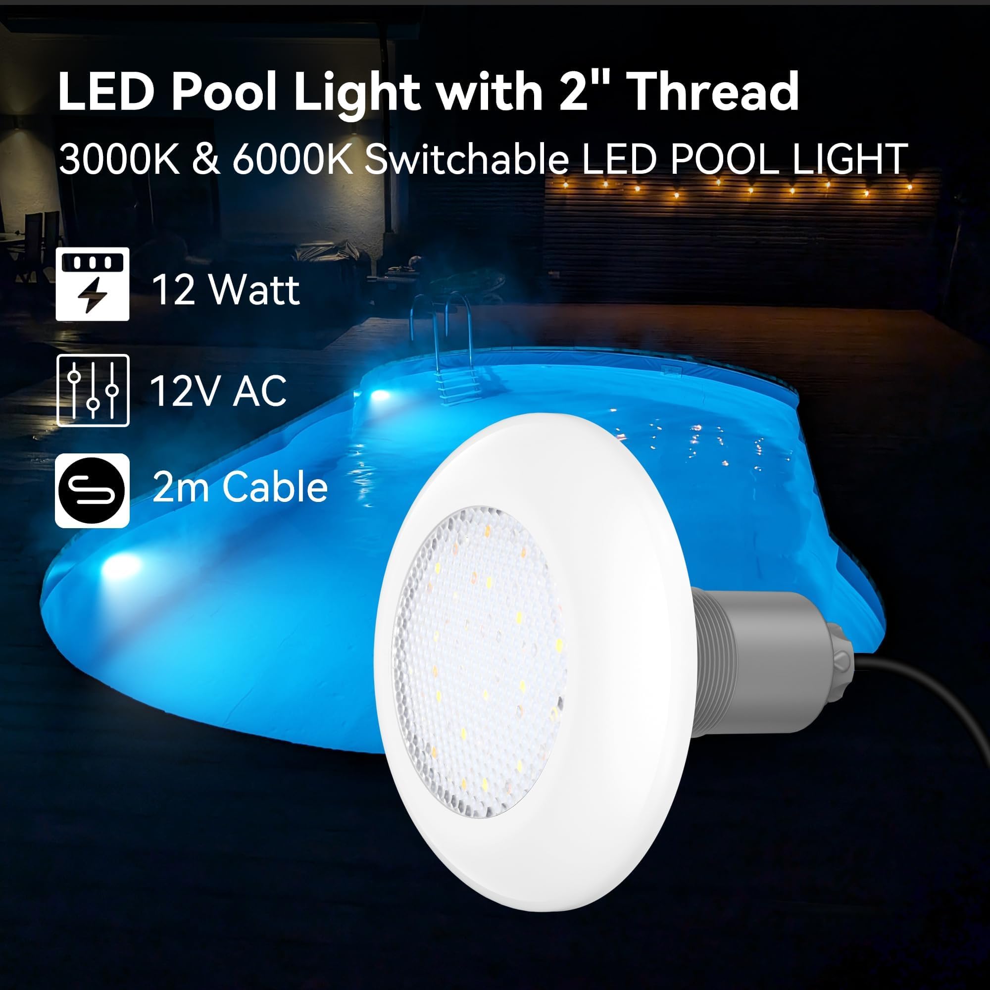 LyLmLe LED zwembadlamp met externe draad 1 1/2, RGB multicolor zwembadlamp synchrone controle, 12V AC onderwaterlamp voor zwembad SPA, zonder controllereenheden (6W, 2 lamp