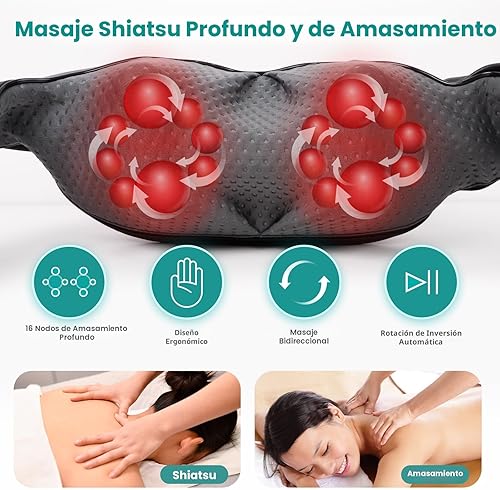 Vista 2 de Nekteck - Masajeador Shiatsu para el Cuello con Alivio del Dolor, Tejido Profundo con Calor, Almohada de Masaje de Amasamiento 3D, Masajeador