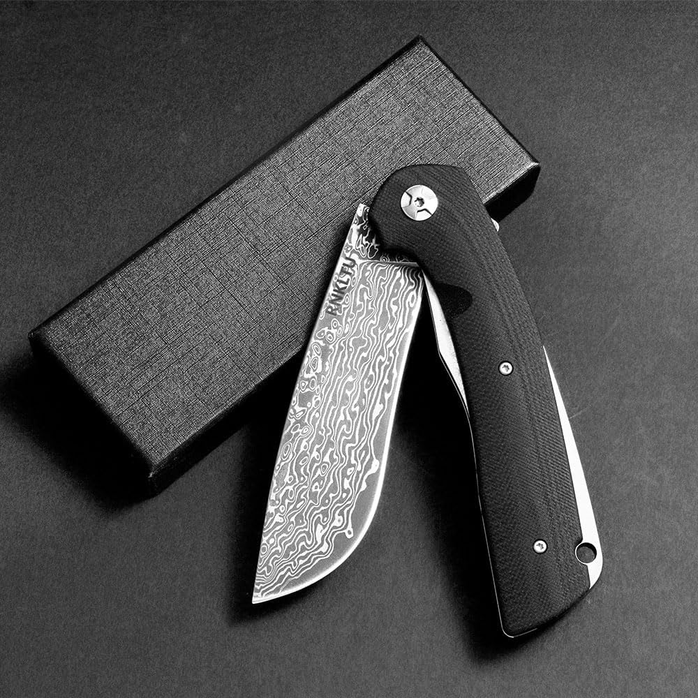 Damascus Steel Folding Pocket Knife, Black G10 Handle, 4-Inch Drop Point Blade, 9-Inch Total Length