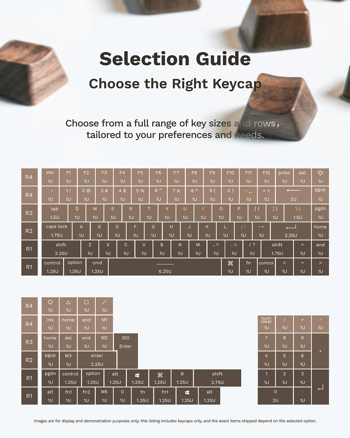 Black Walnut Wood Keycaps, Wooden Keycap for Mechanical Keyboard, OEM Profile, Artisan Key Caps Set, MX-Style Compatible, Single Keys & Complete Sets (60% 80% 100% Keyboard 16-Key Set)