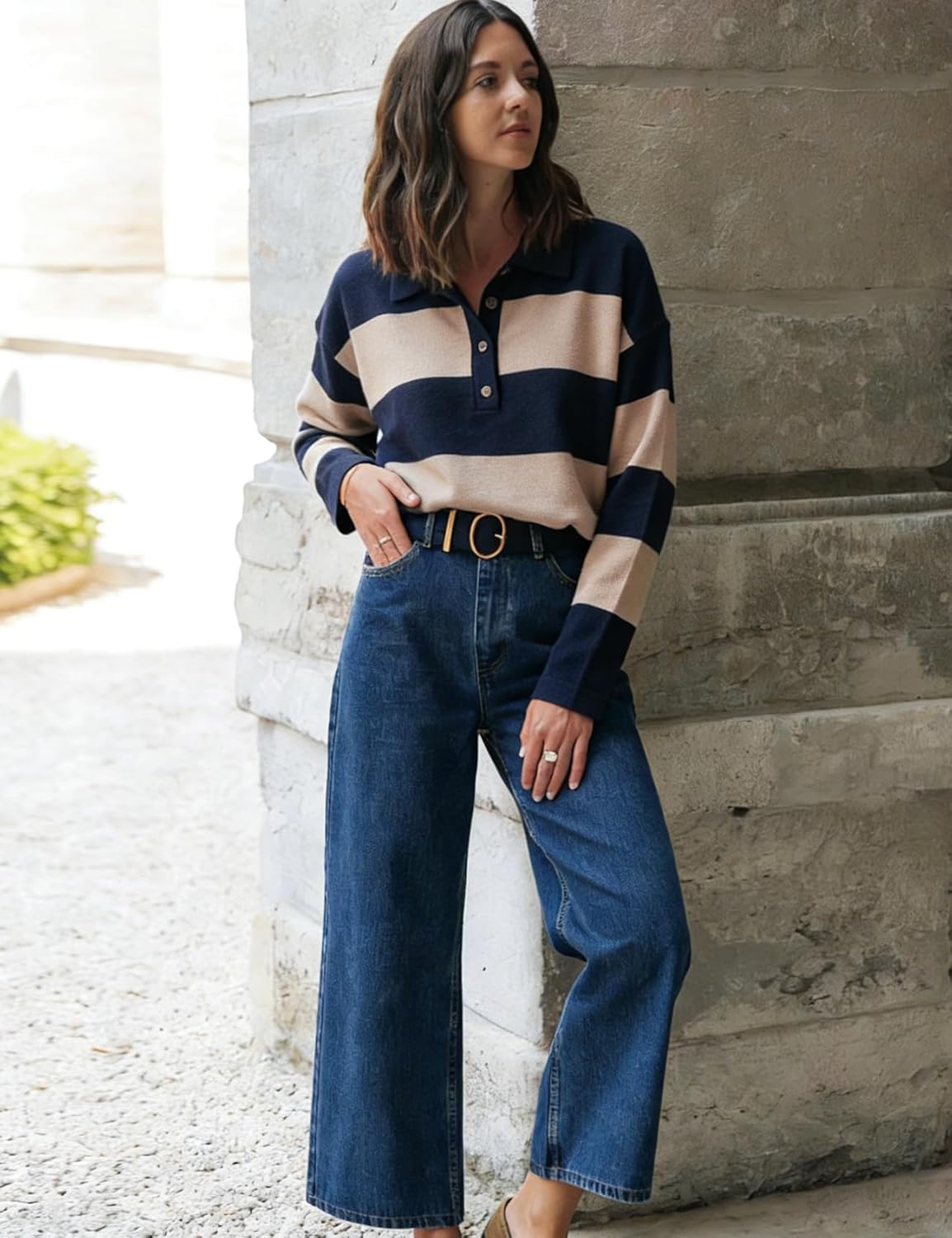 Rugby Polo Sweater for Women Striped Collared Sweaters Shirt Long Sleeve Knit Y2K Casual Pullover Top - Image 3