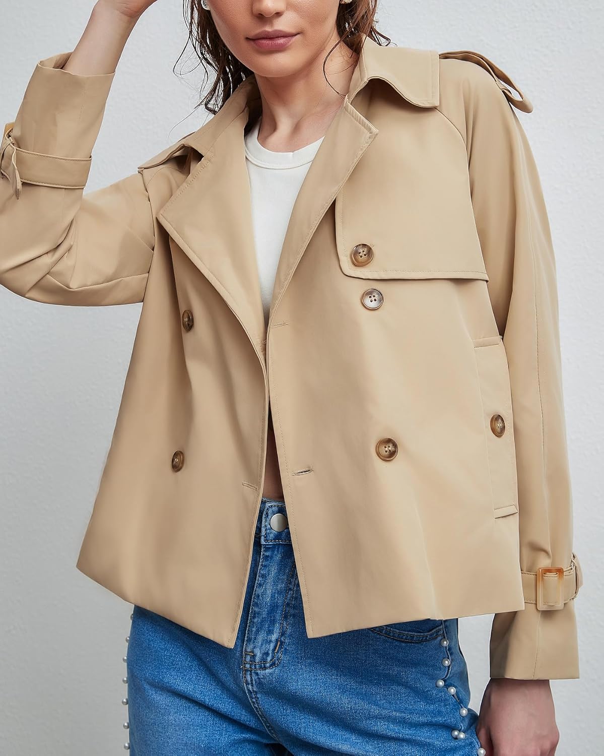 Kedera Cropped Trench Coat for Women Double Breasted Notched Lapel Casual Fall Jackets Loose Short Jacket Belted Cuffs - Image 3