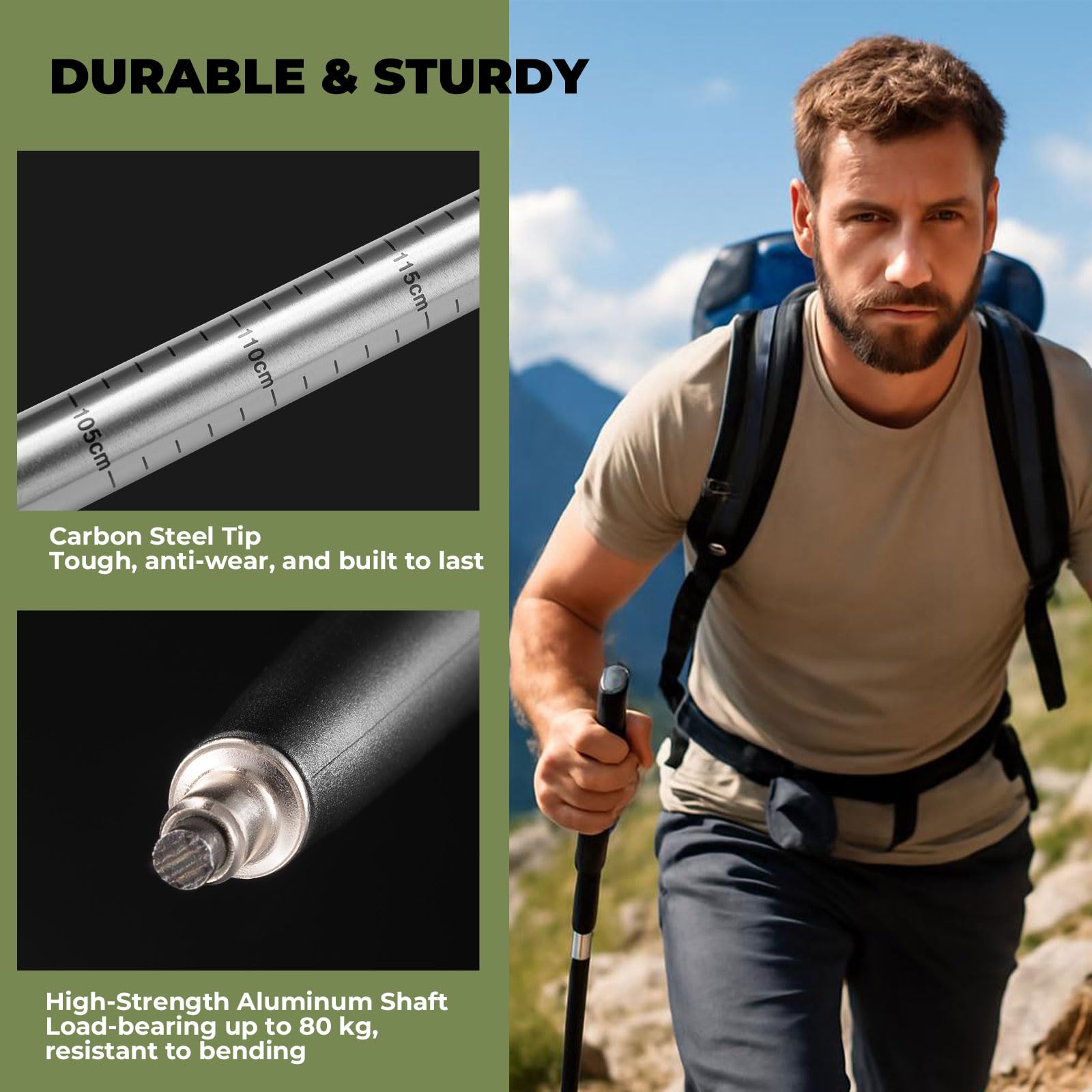Bâton de Marche Pliable Léger en Aluminium 6061, Équipement de Randonnée Réglable 62–135 cm avec Poignée Antidérapante et Accessoires Tout-Terrain 1 Pièce