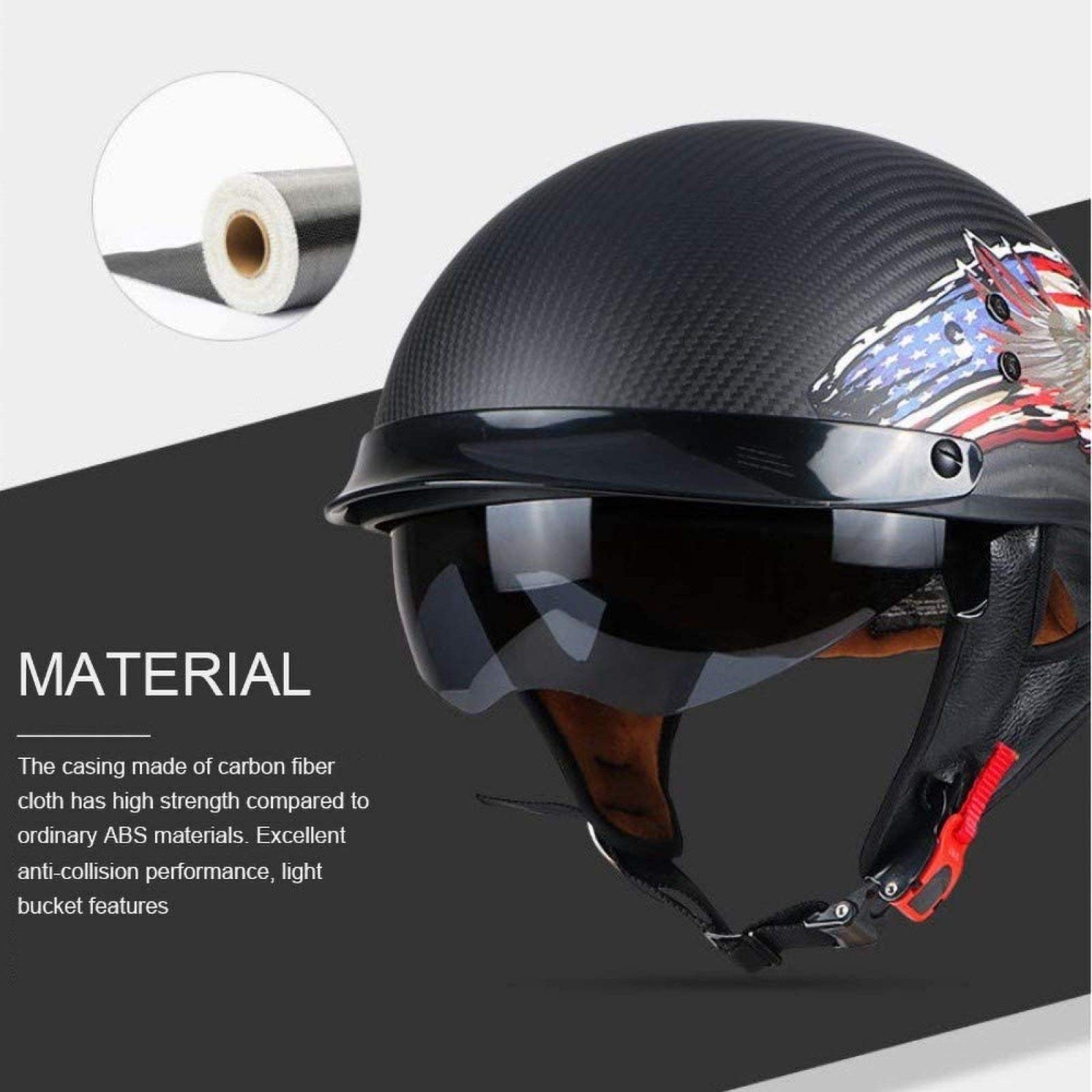 EBAYIN Motorradhelm Retro Harley Motorrad Carbon Carbon Halbhelm ECE-zertifizierter Cruiser Chopper Scooter Pilot Jet Helm Helm Mit Offenem Gesicht Unisex Eingebaute Schutzbrille,A-M=（57~58cm）