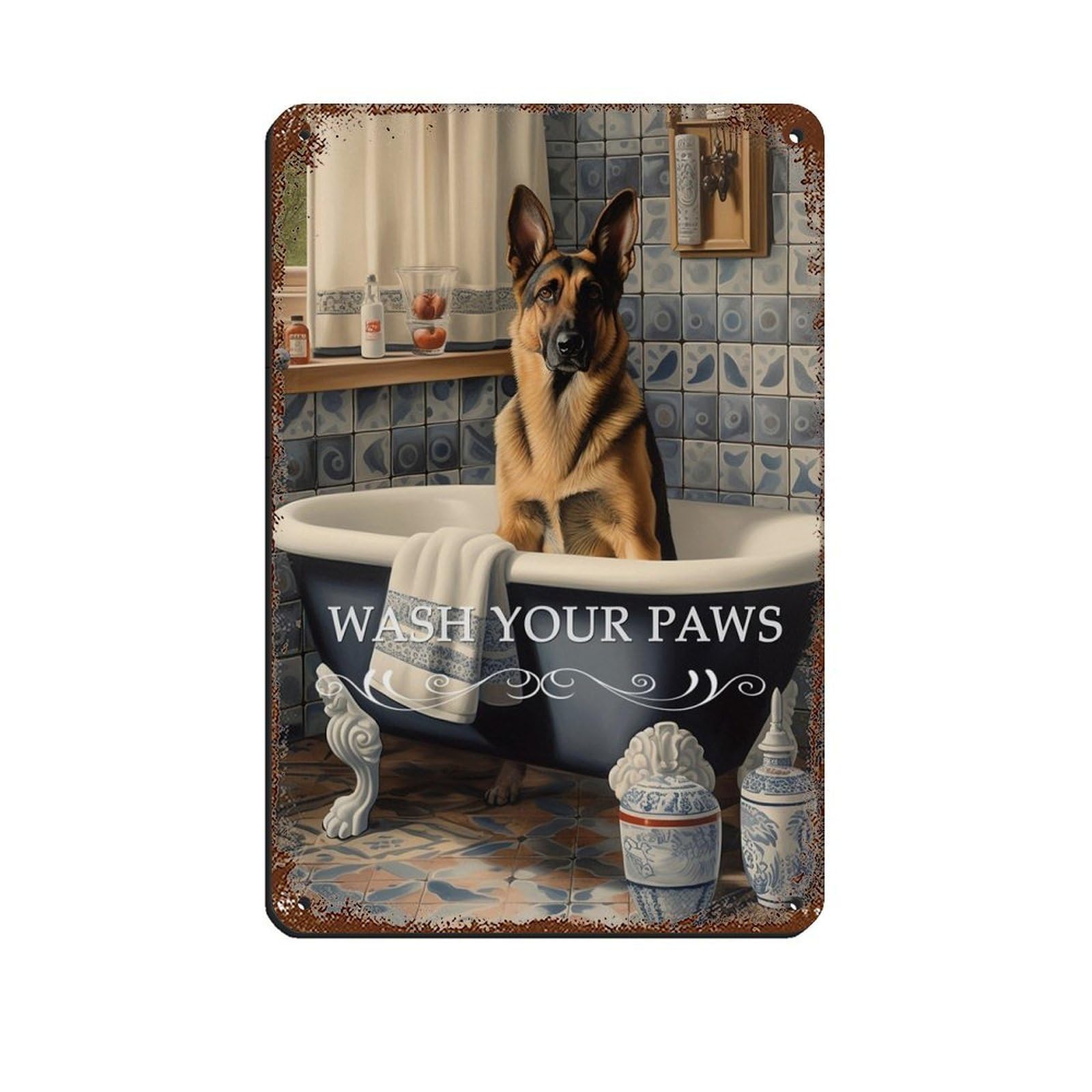 German Shepherd in Bath Fun Bathroom Art Tin Sign Vintage Metal Pub Club Cafe Bar Home Wall Art Decoration Poster Retro 8x12inch(20x30cm)