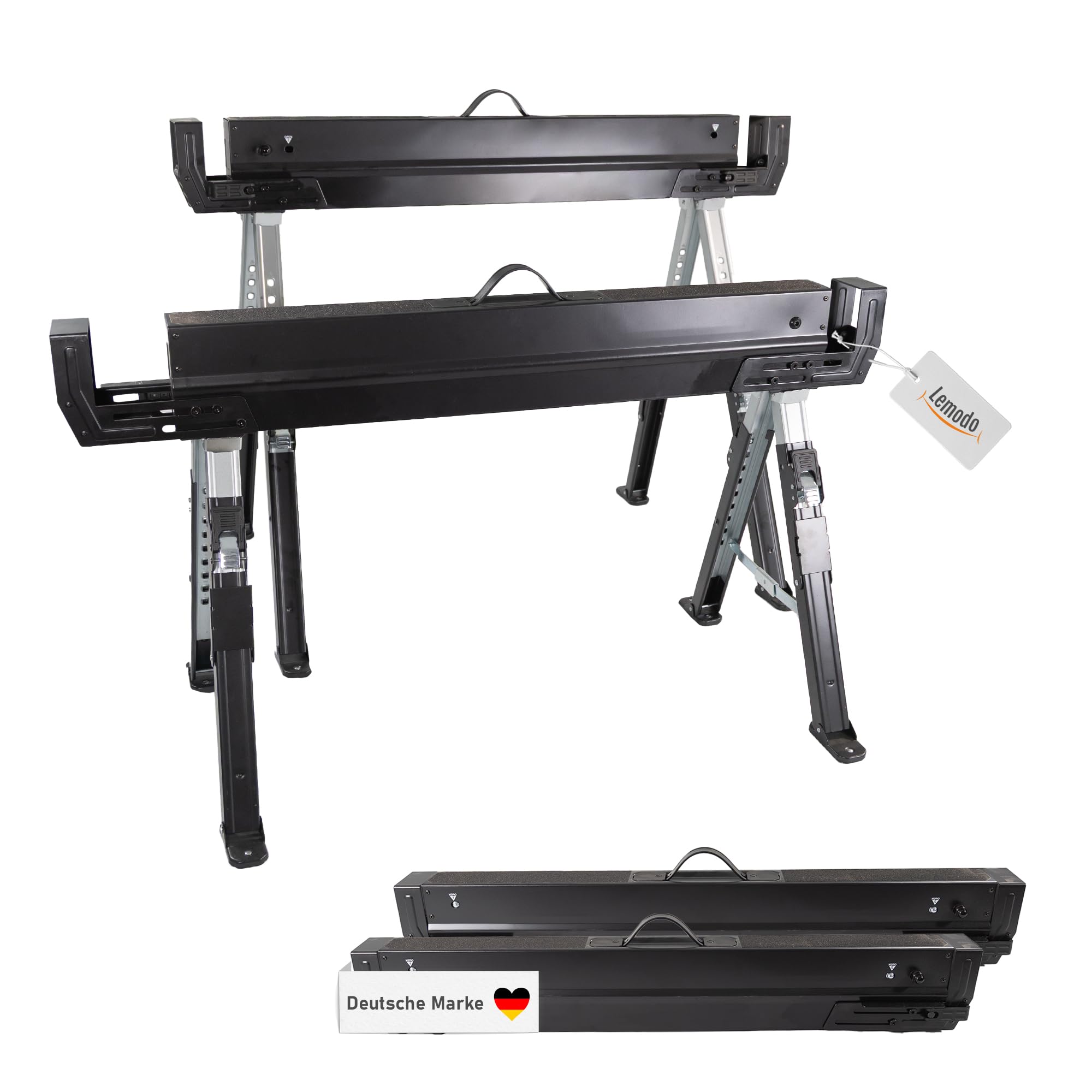 Lemodo Premium Arbeitsbock höhenverstellbar | Klappbock 2er Set | Montagebock mit 590 kg Tragkraft | Unterstellbock mit verstellbaren Halterungen an der Seite